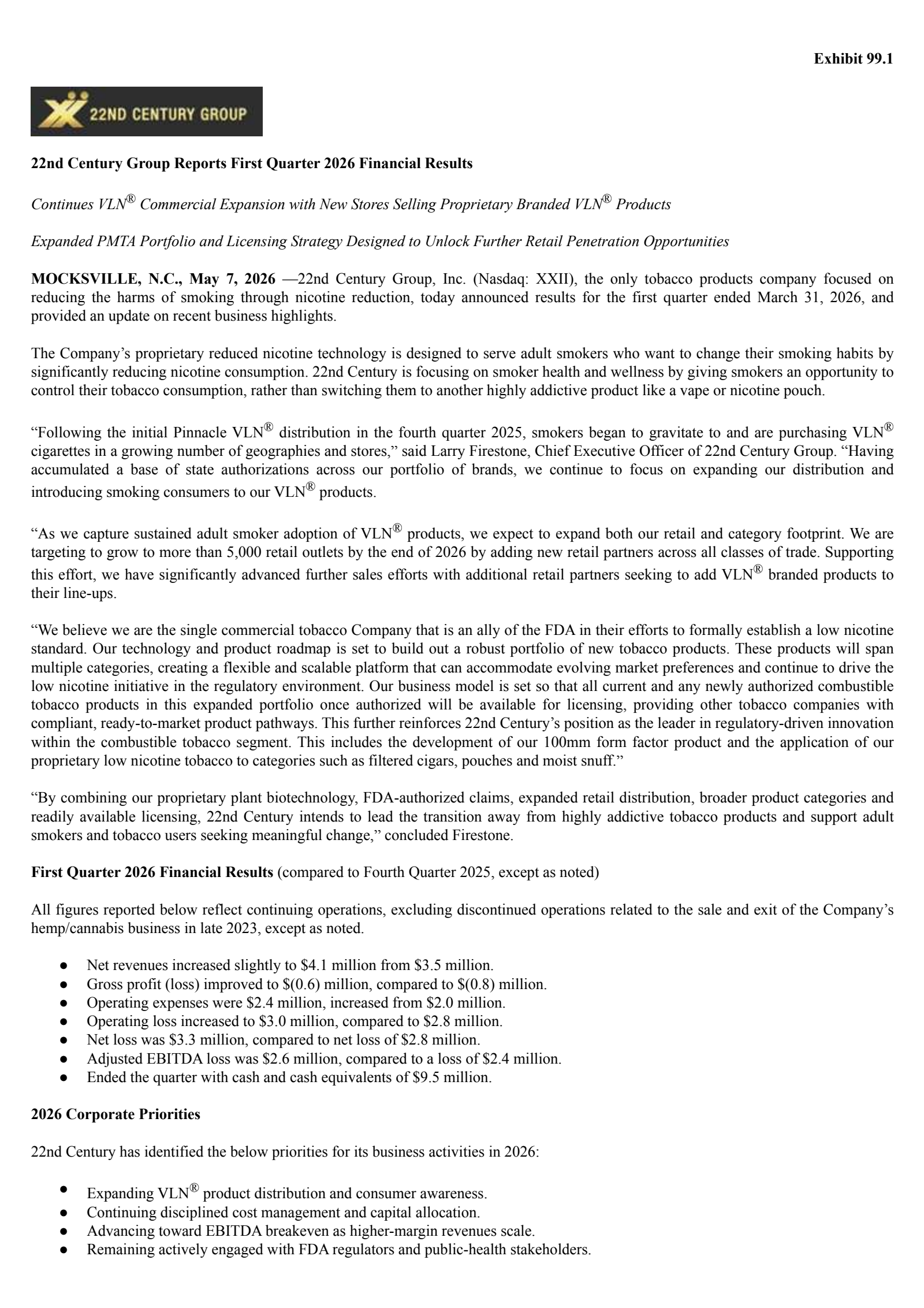 22nd Century Group's Q1 2026 Press Release