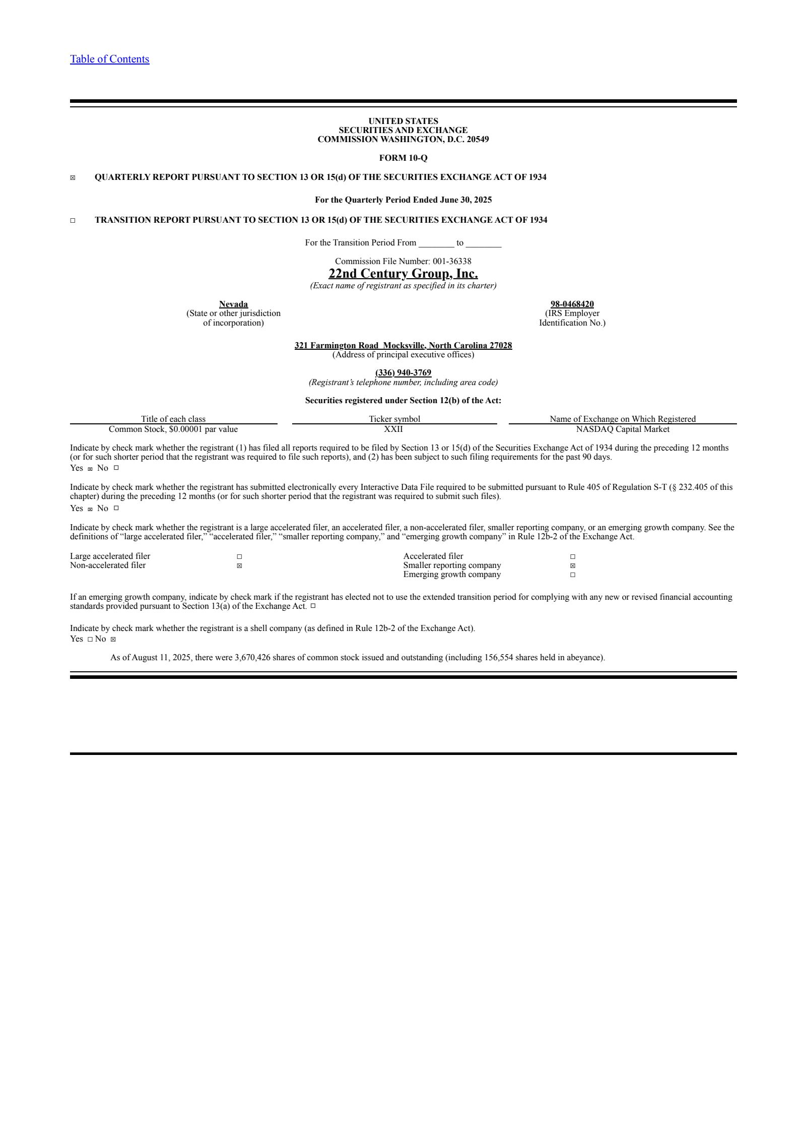 22nd Century Group's Q2 2025 Quarterly report