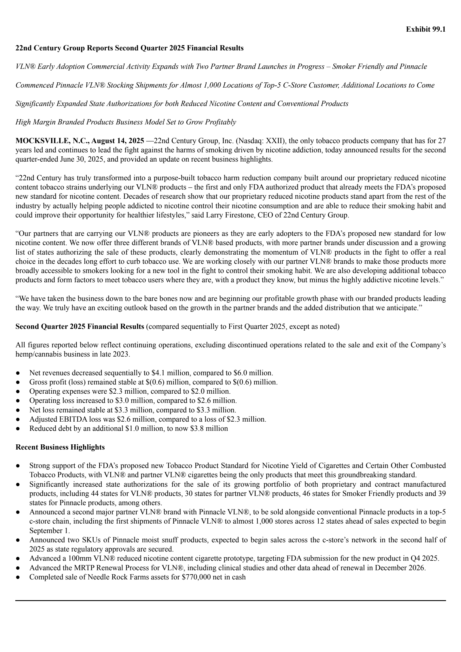 22nd Century Group's Q2 2025 Press Release