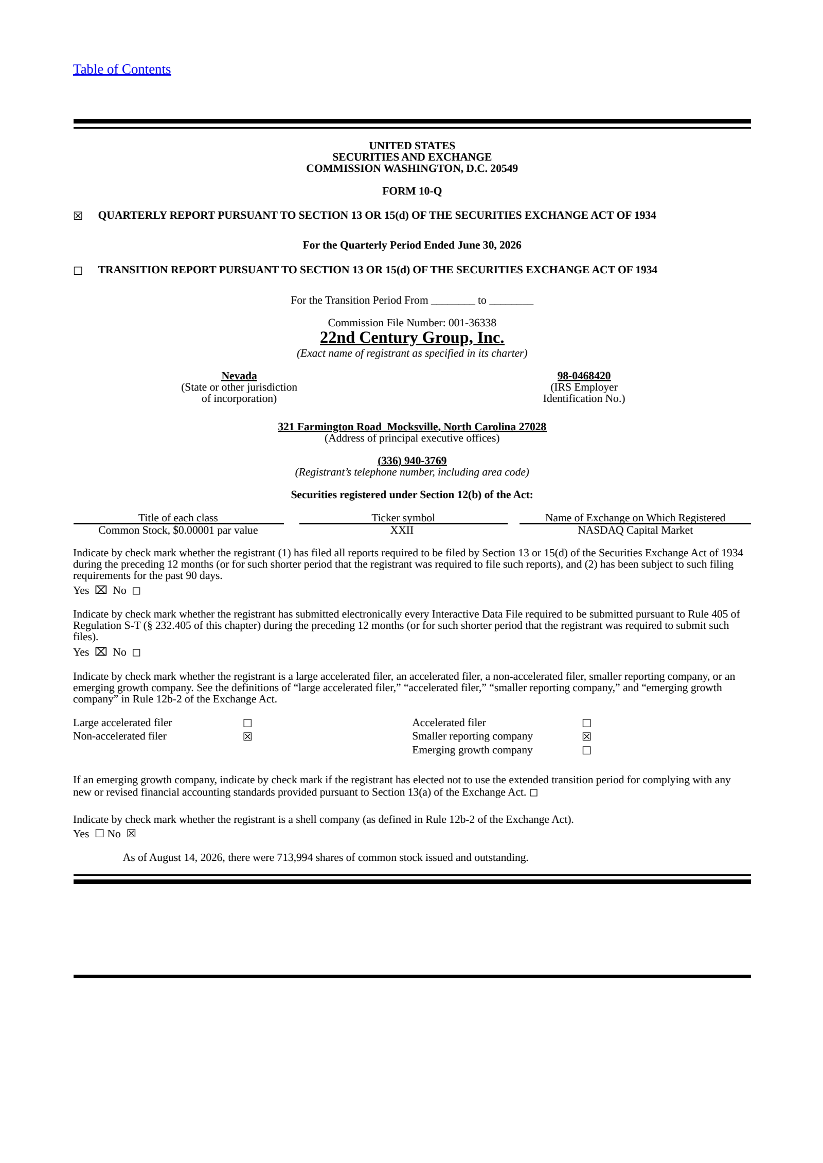 22nd Century Group's Q2 2026 Quarterly report