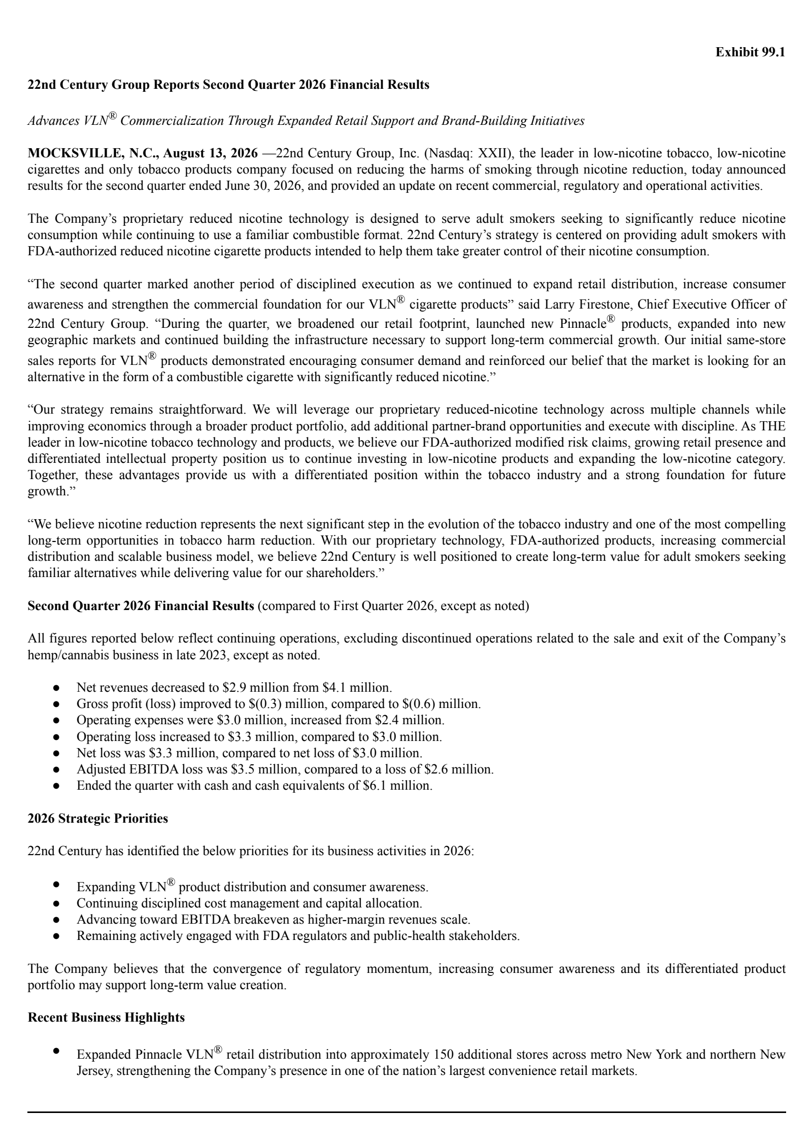 22nd Century Group's Q2 2026 Press Release
