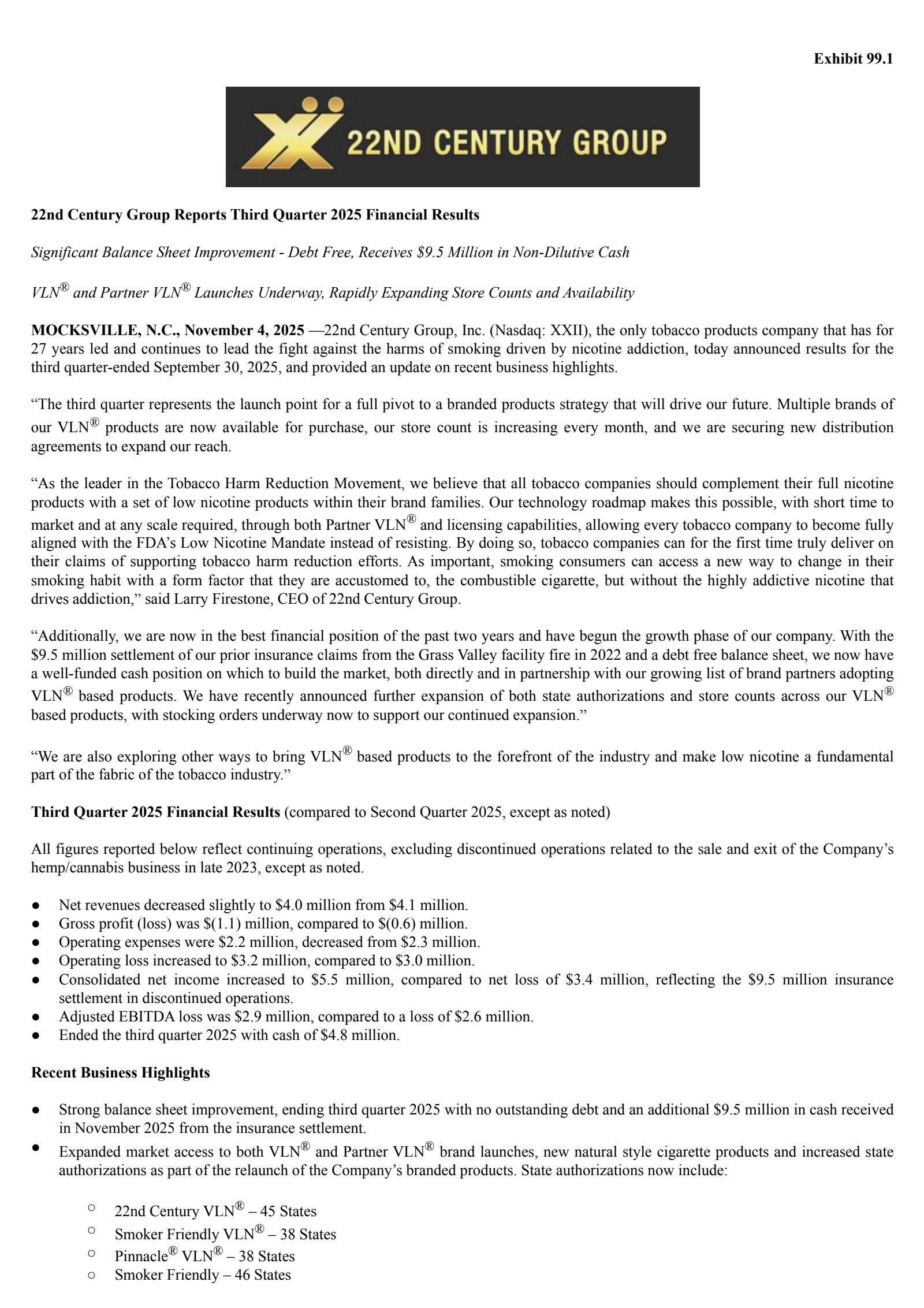 22nd Century Group's Q3 2025 Earnings Release