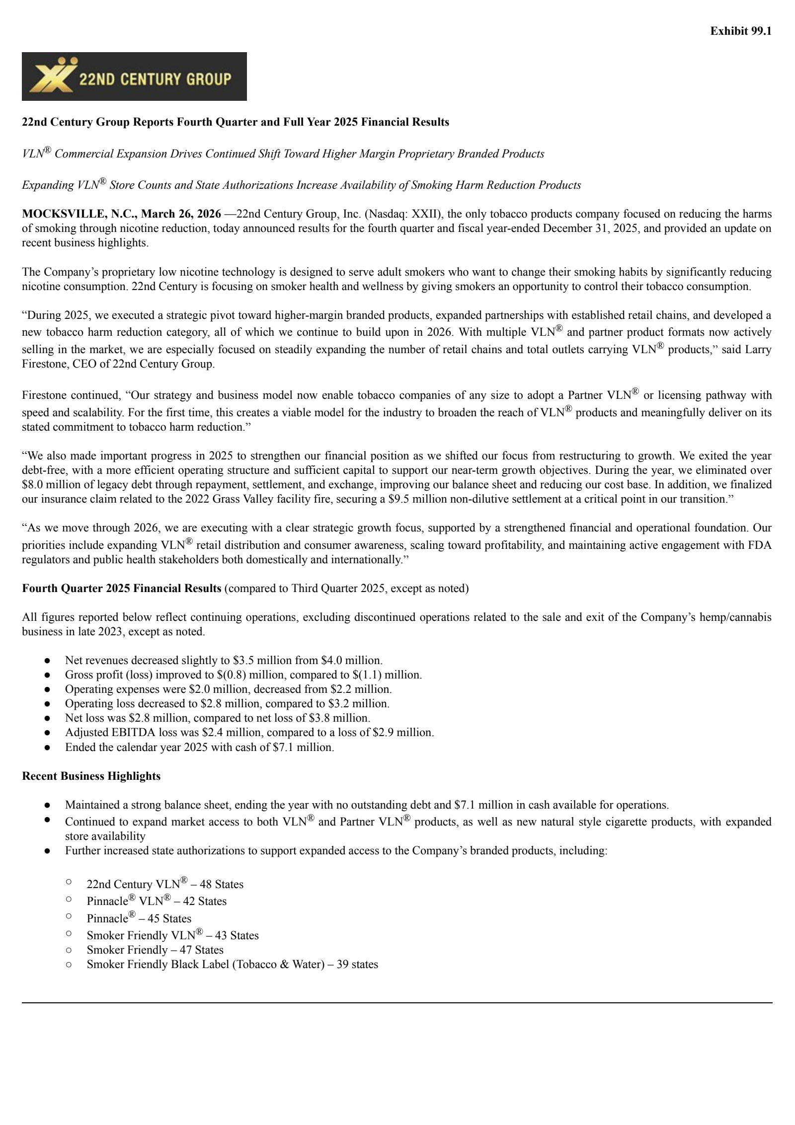 22nd Century Group's Q4 2025 Press Release