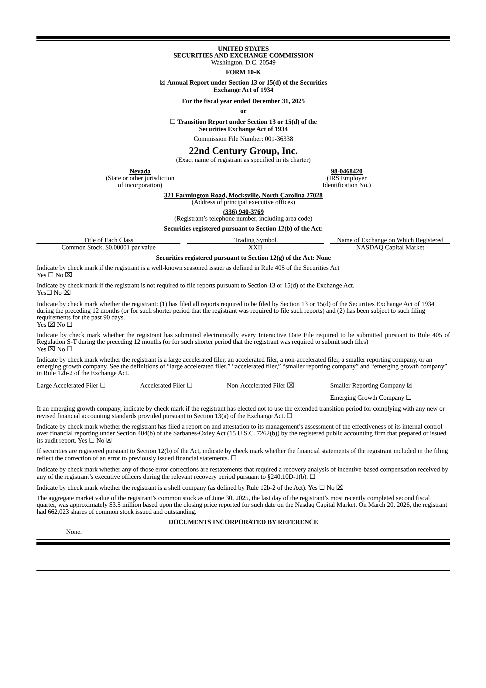 22nd Century Group's Q4 2025 Annual report