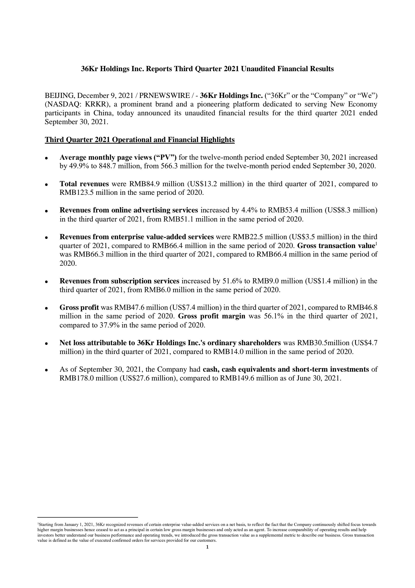 36Kr's Q3 2021 Earnings Release