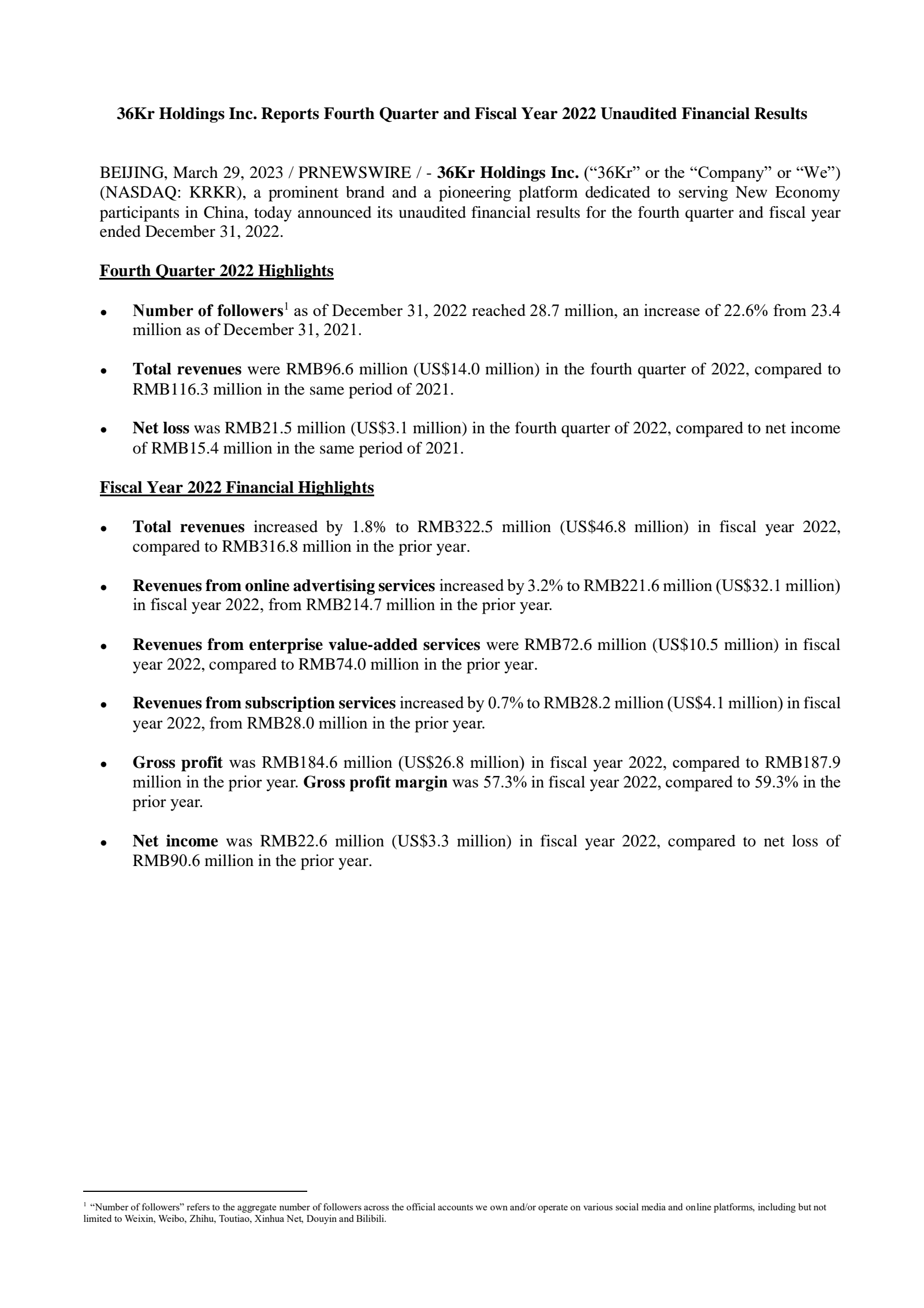 36Kr's Q4 2022 Earnings Release