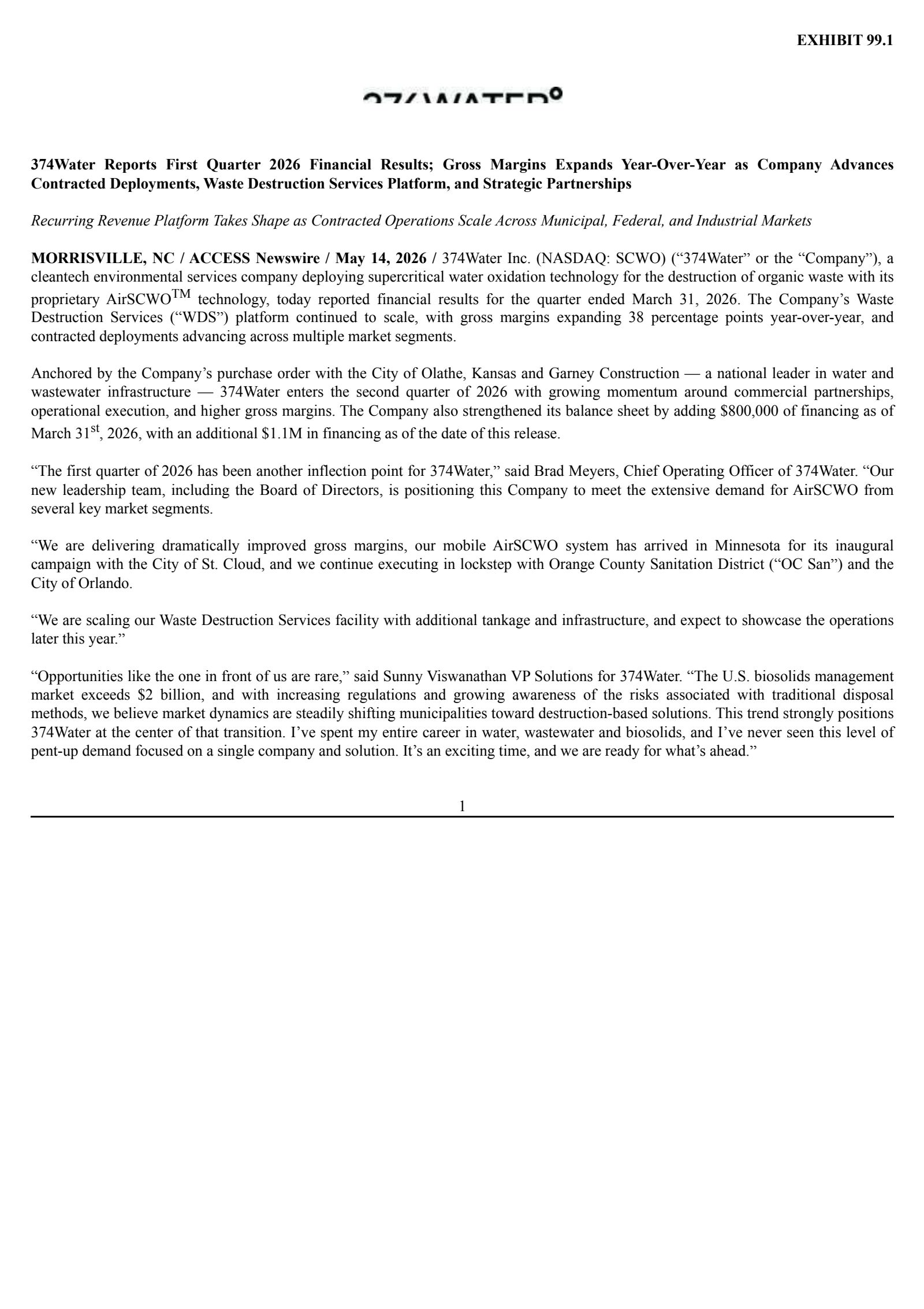 374Water's Q1 2026 Press Release