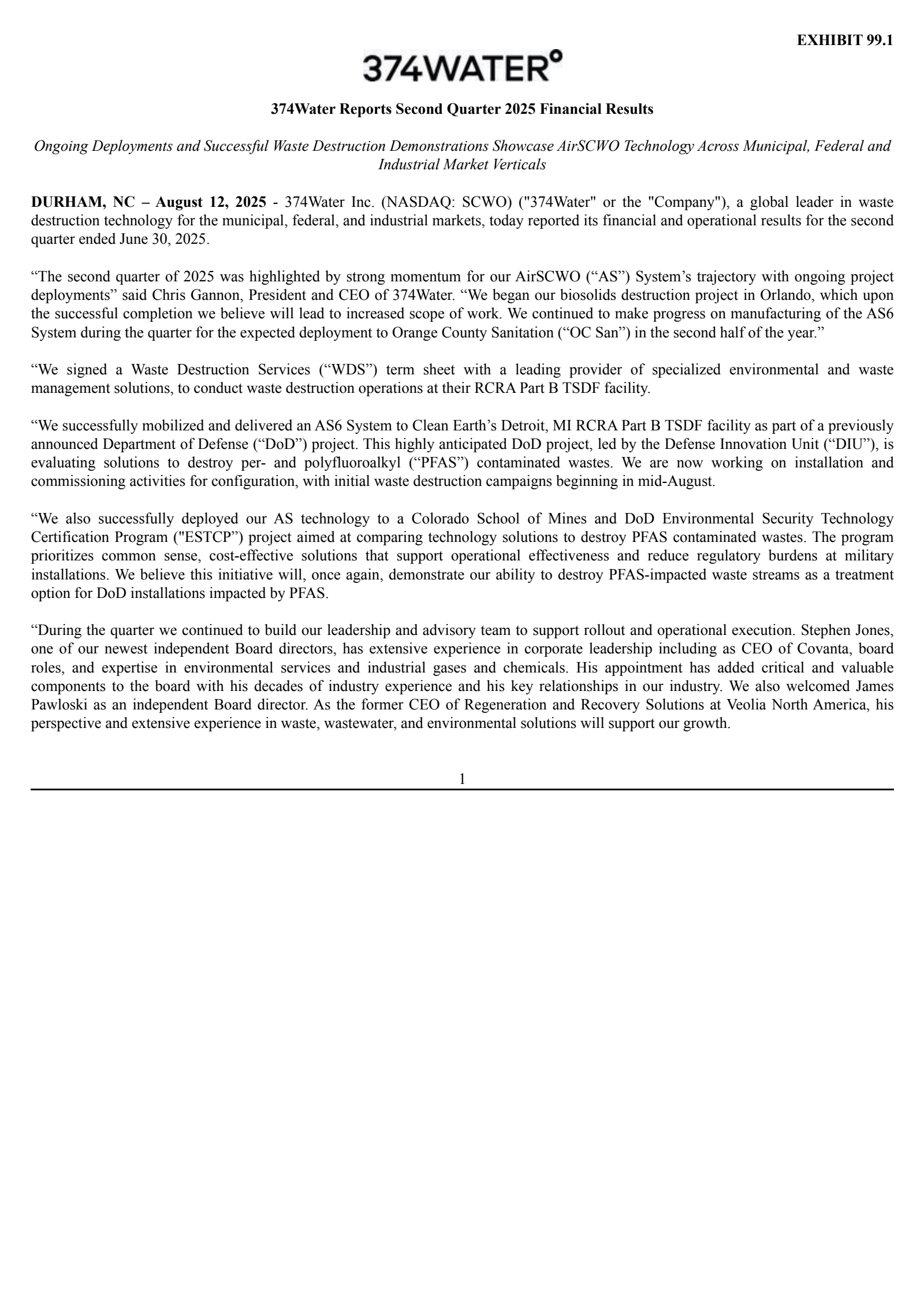 374Water's Q2 2025 Press Release