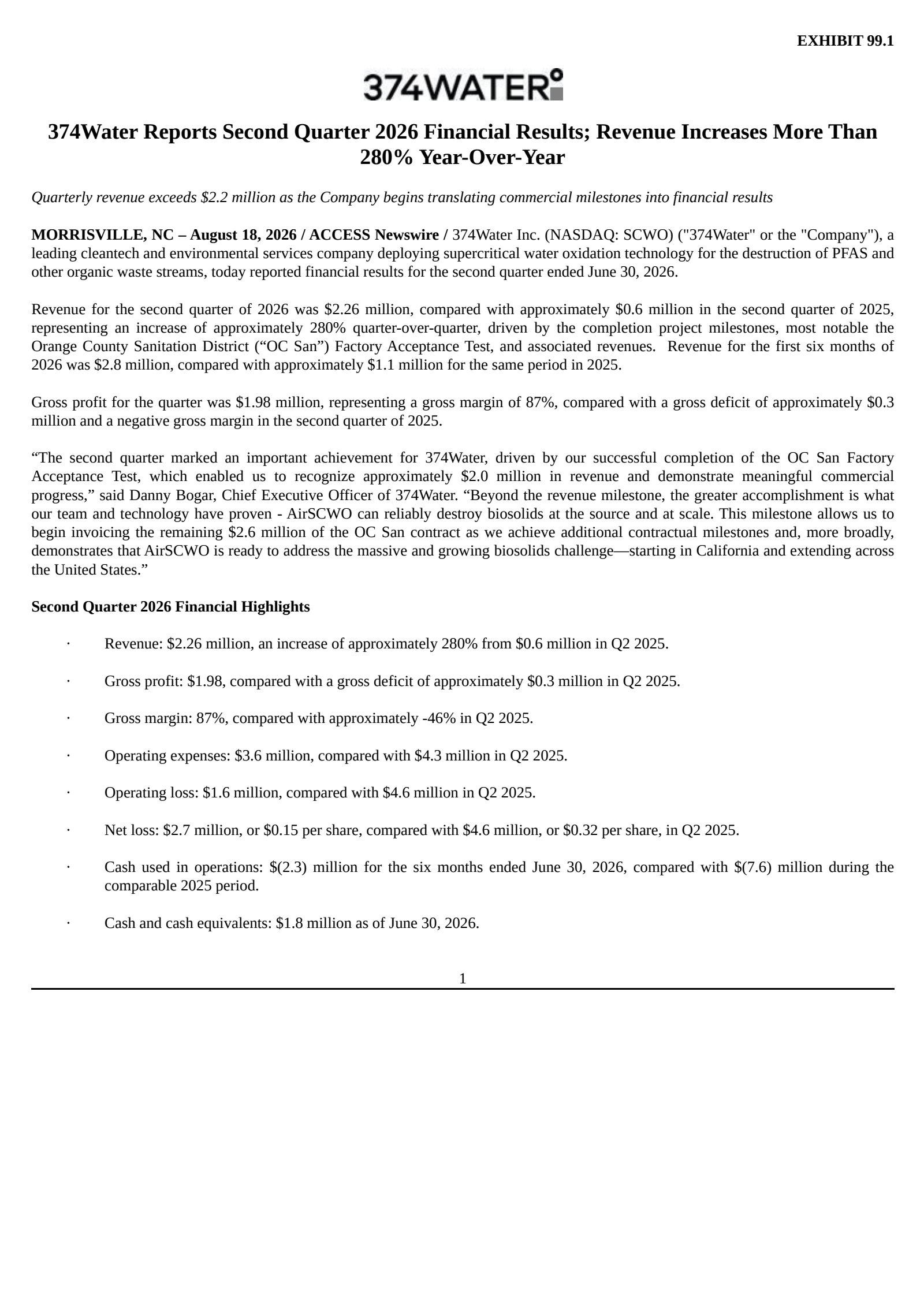 374Water's Q2 2026 Press Release