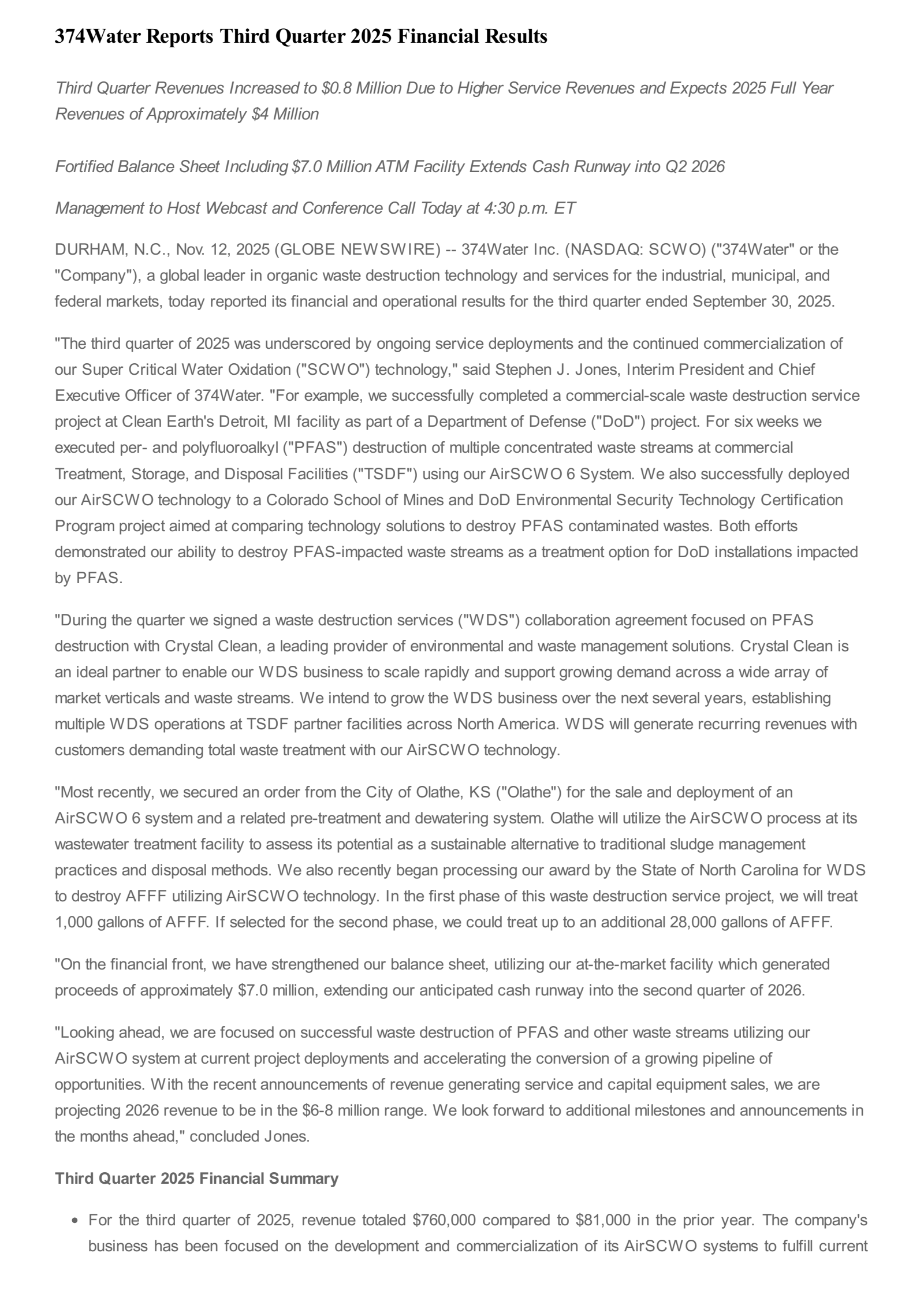 374Water's Q3 2025 Earnings Release