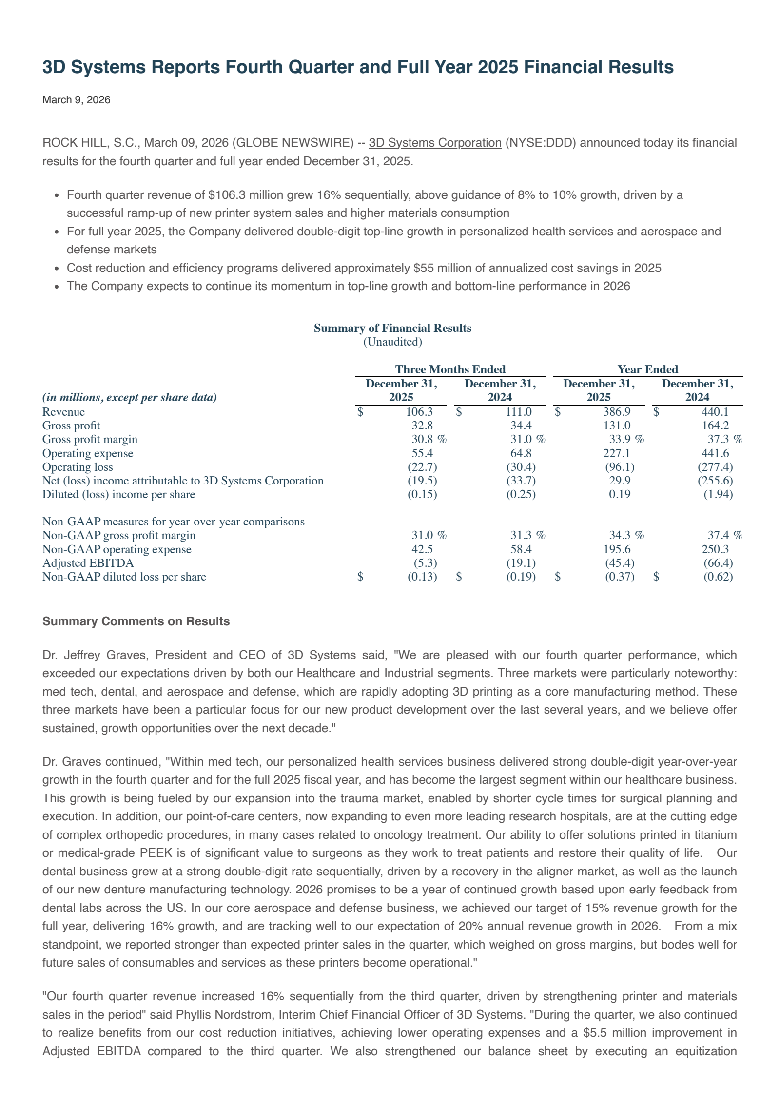 3D Systems' Q4 2025 Press Release