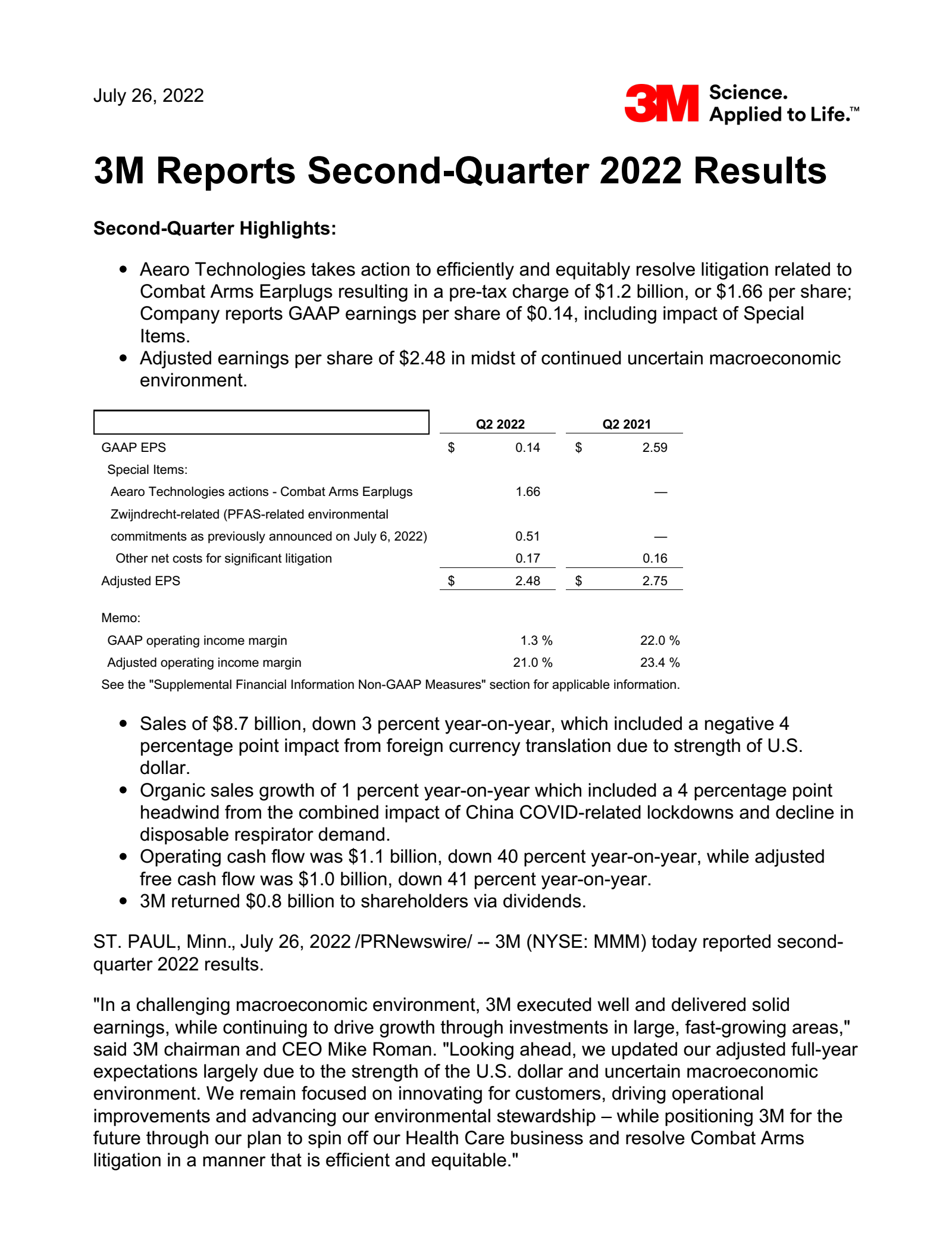 3M's Q2 2022 Earnings Release