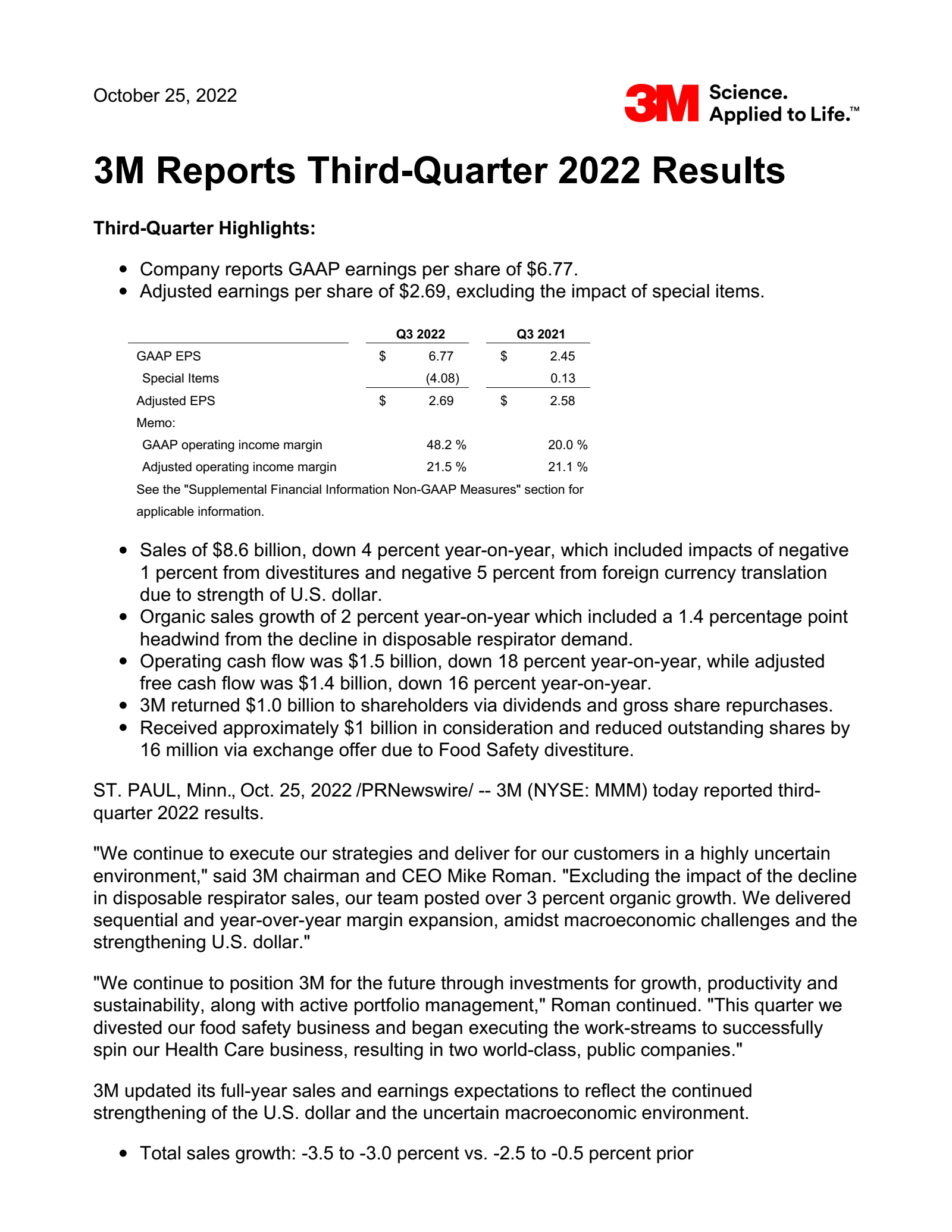 3M's Q3 2022 Earnings Release
