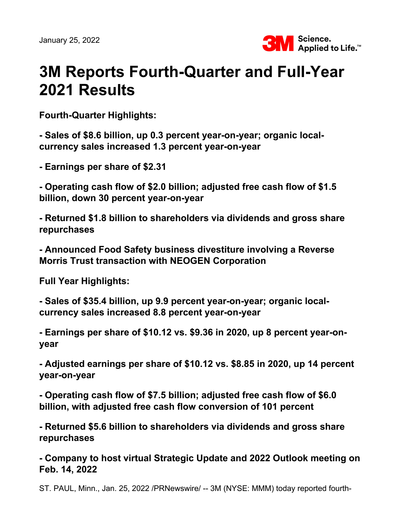 3M's Q4 2021 Earnings Release