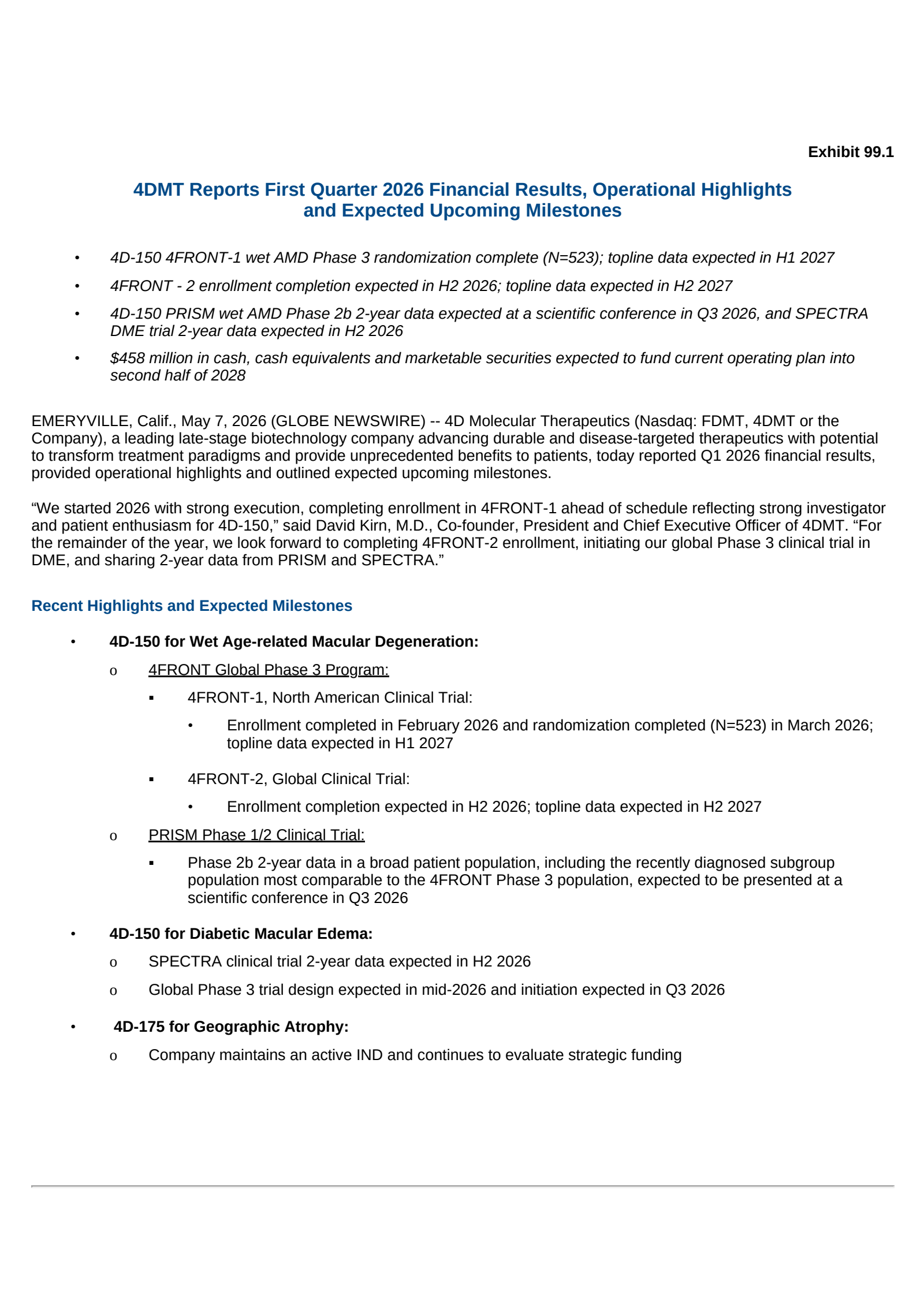 4D Molecular Therapeutics' Q1 2026 Press Release