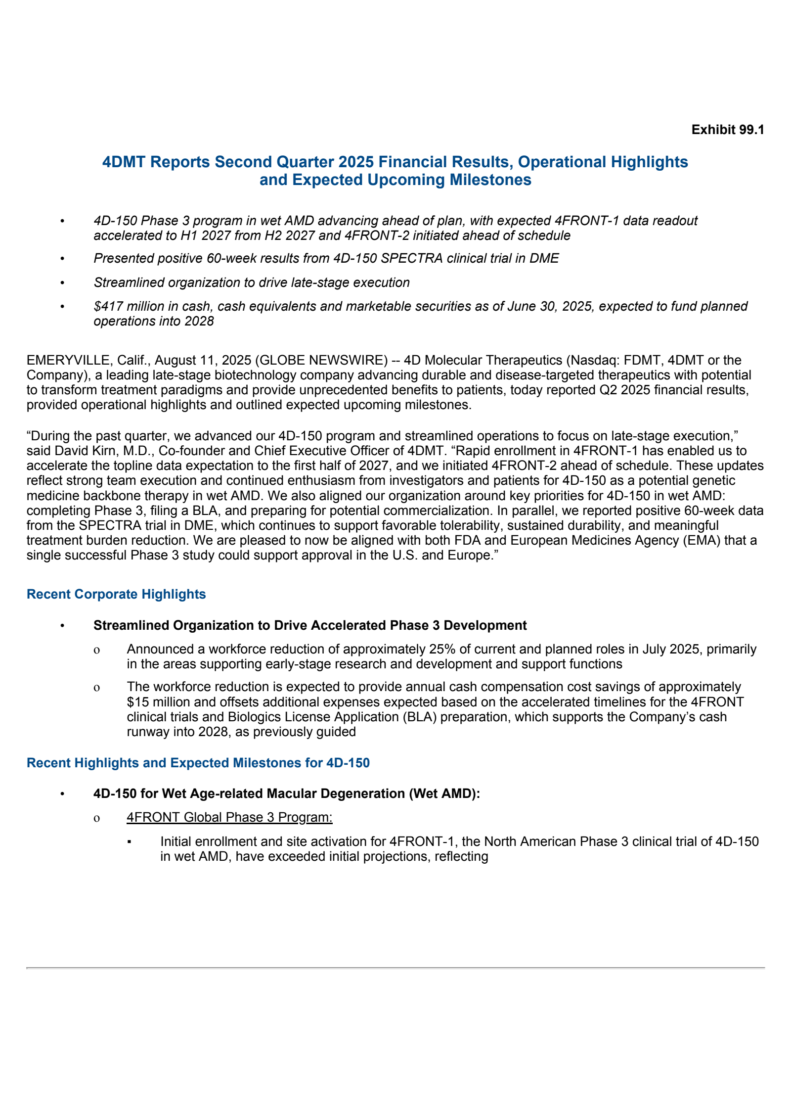 4D Molecular Therapeutics' Q2 2025 Press Release