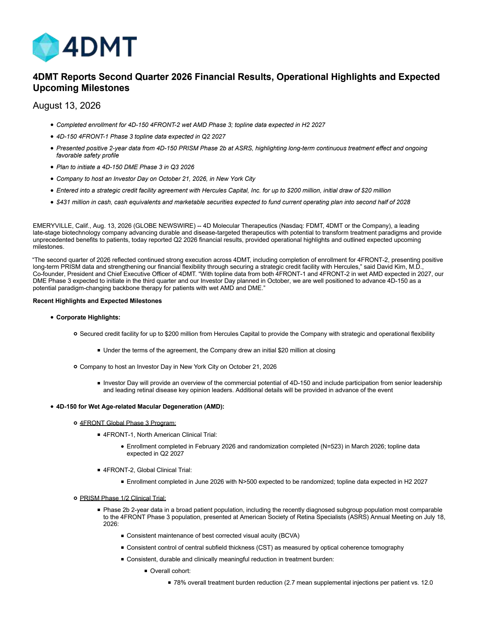 4D Molecular Therapeutics' Q2 2026 Press Release