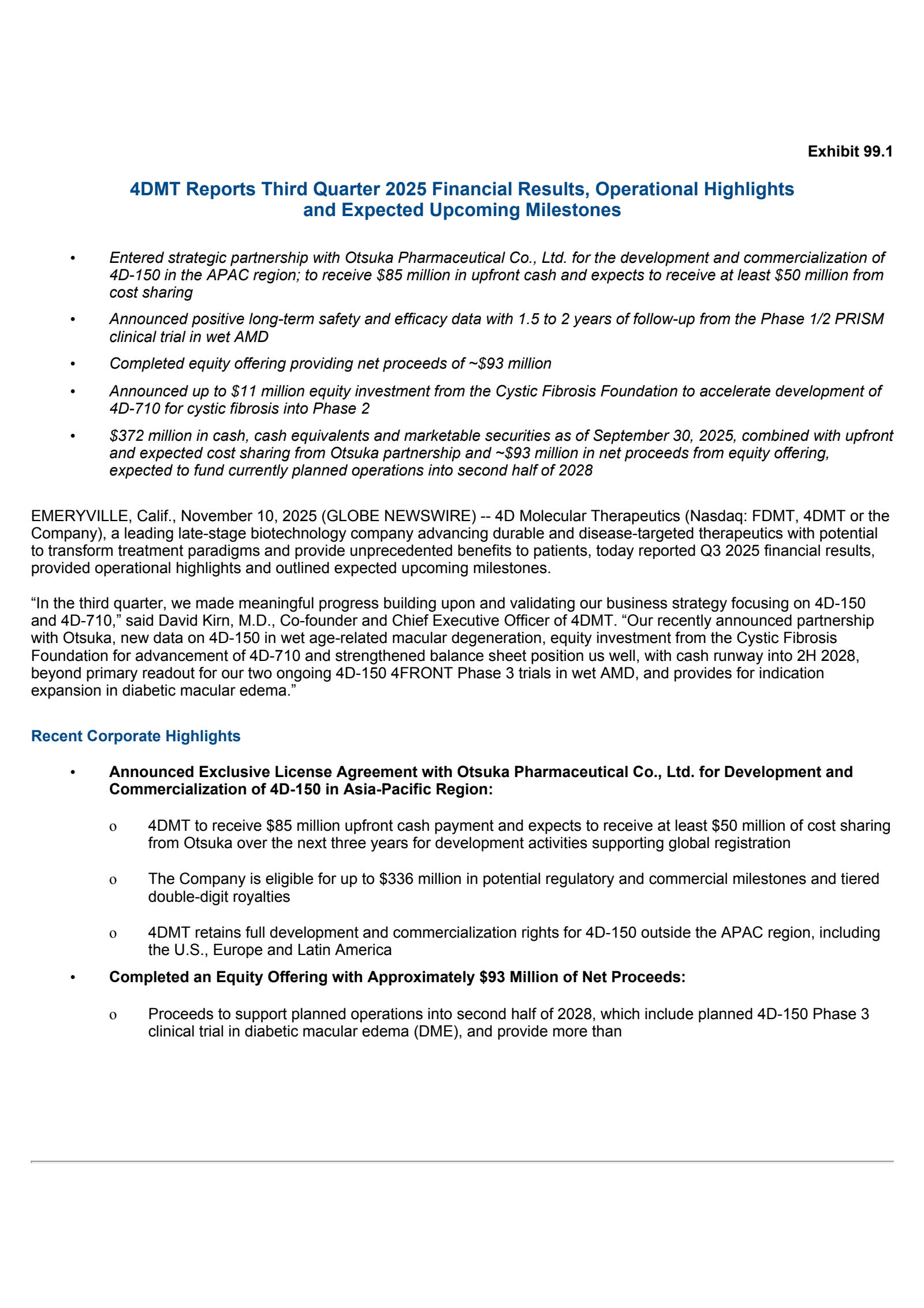 4D Molecular Therapeutics' Q3 2025 Earnings Release