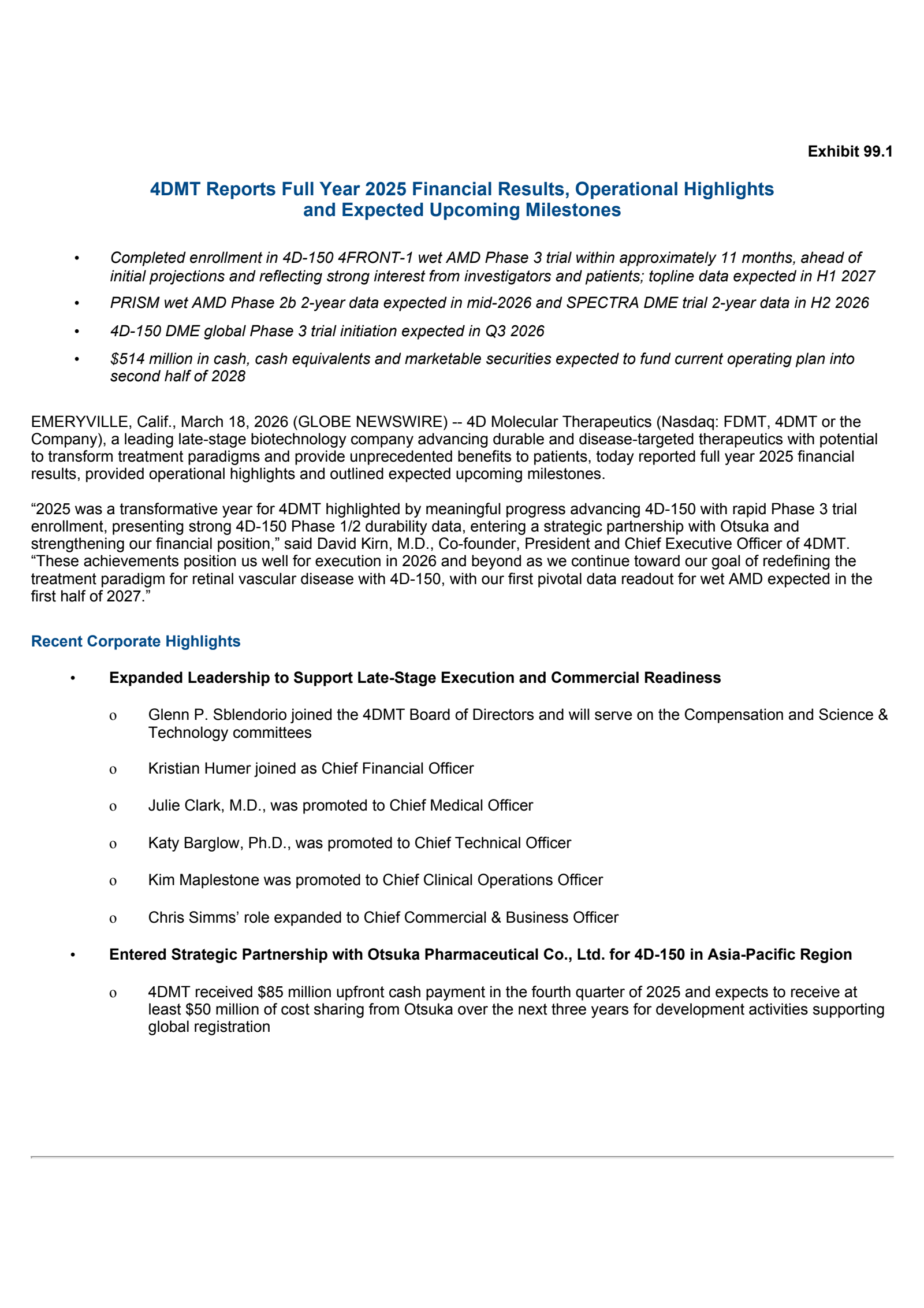4D Molecular Therapeutics' Q4 2025 Press Release