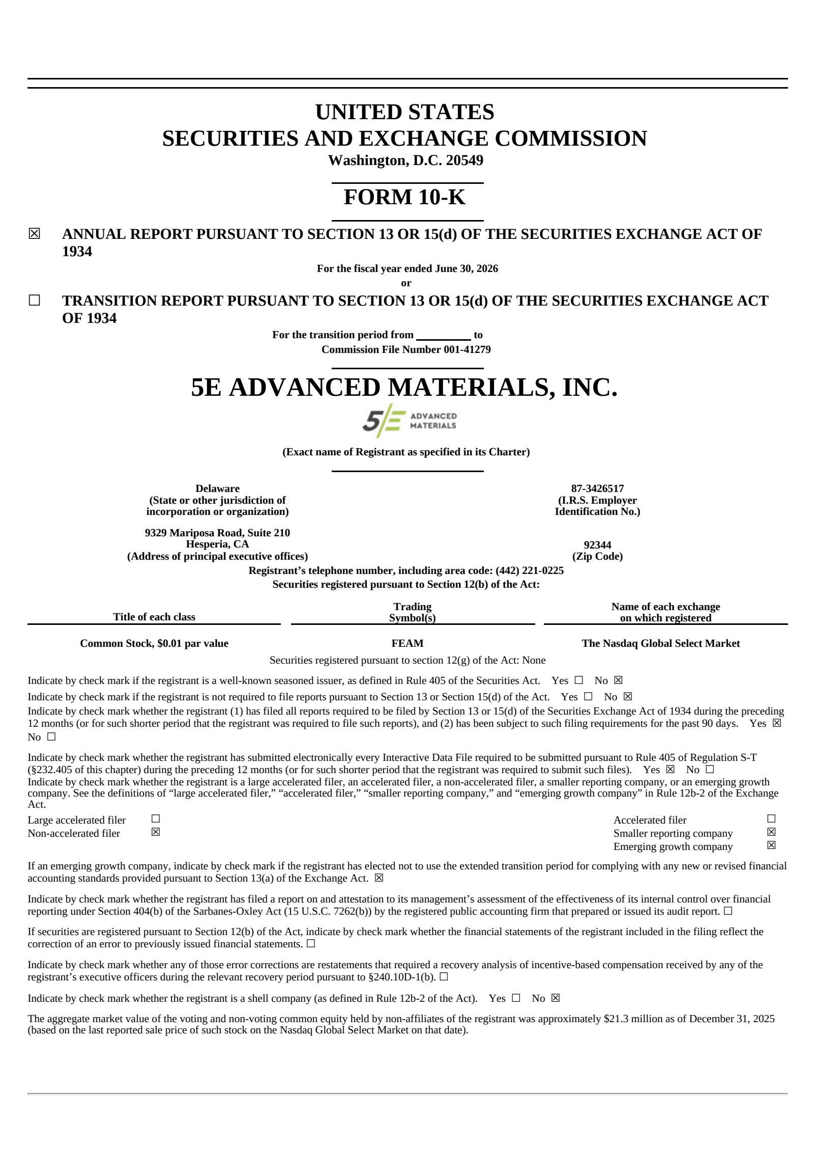 5E Advanced Materials' Q4 2026 Annual report