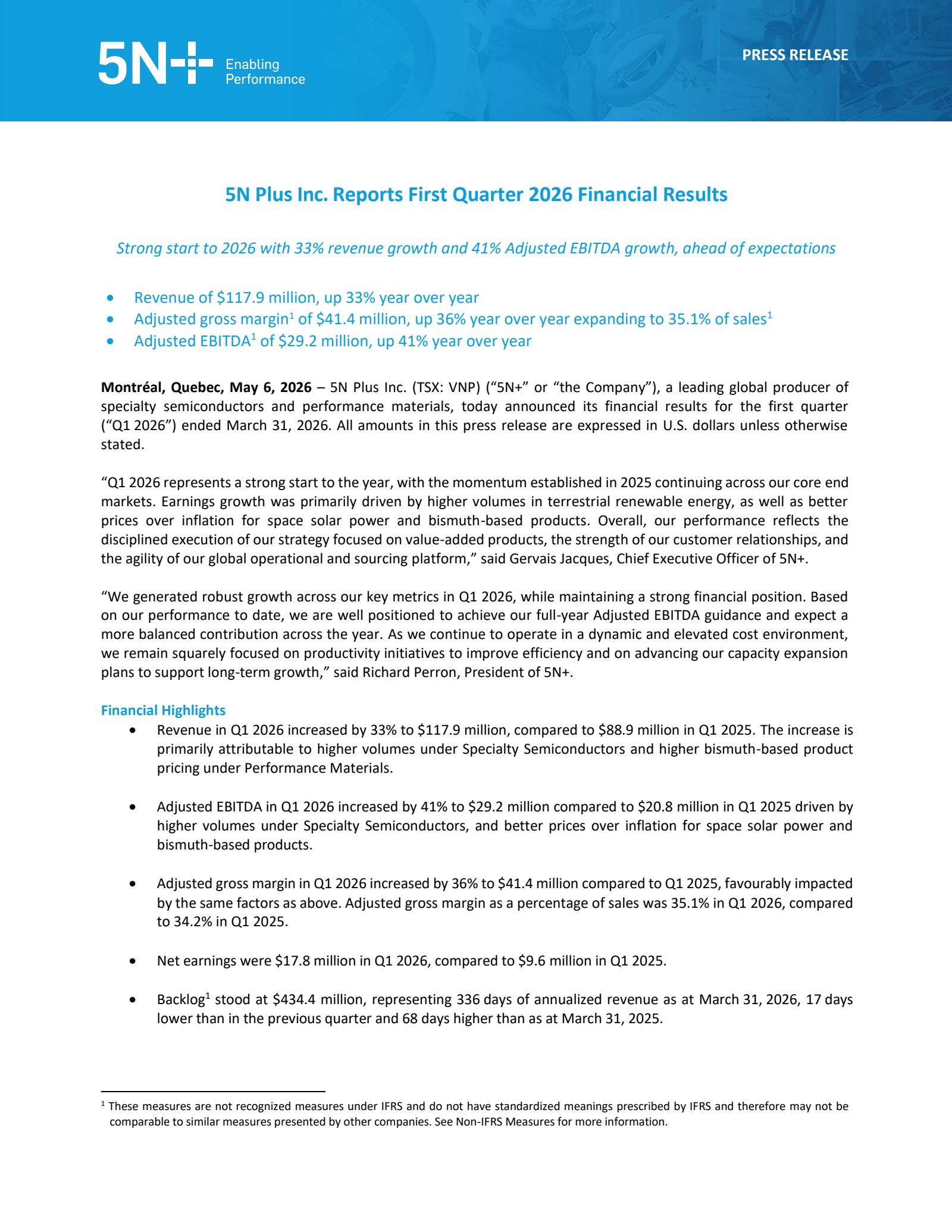 5N Plus' Q1 2026 Press Release