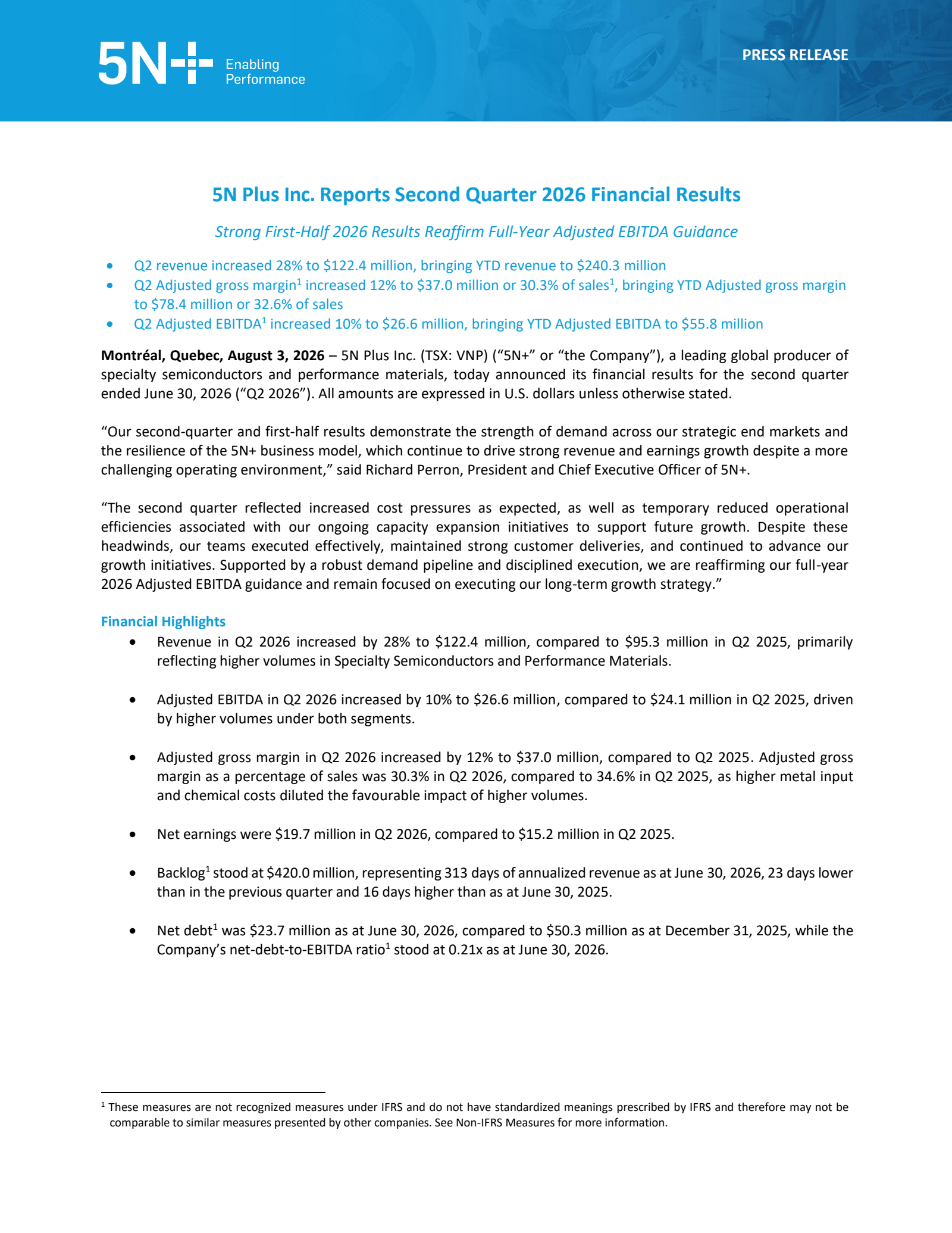5N Plus' Q2 2026 Press Release