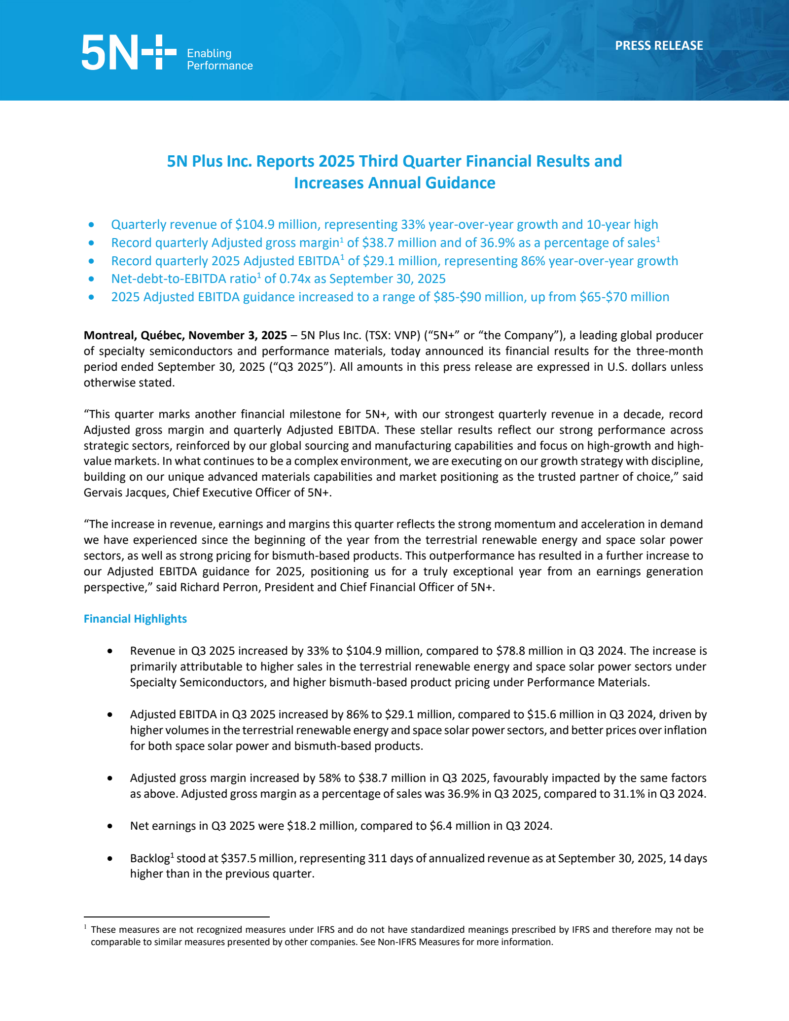 5N Plus' Q3 2025 Earnings Release