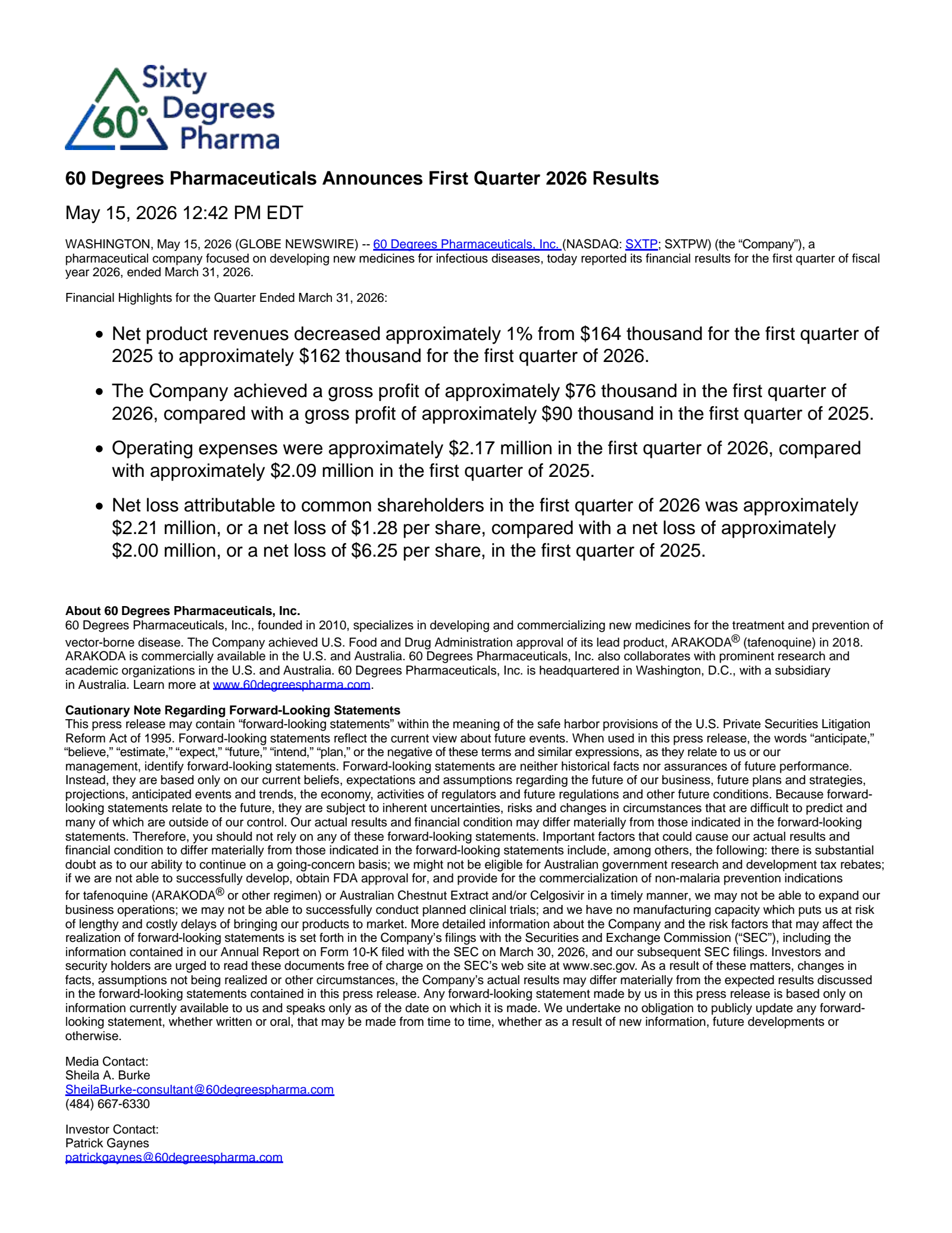 60 Degrees Pharmaceuticals' Q1 2026 Press Release