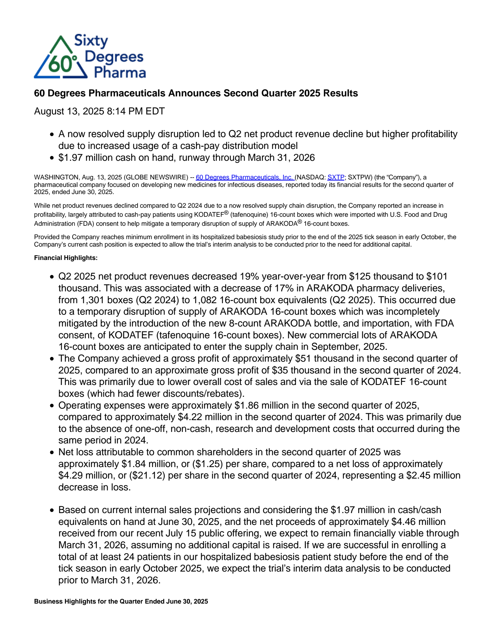 60 Degrees Pharmaceuticals' Q2 2025 Press Release