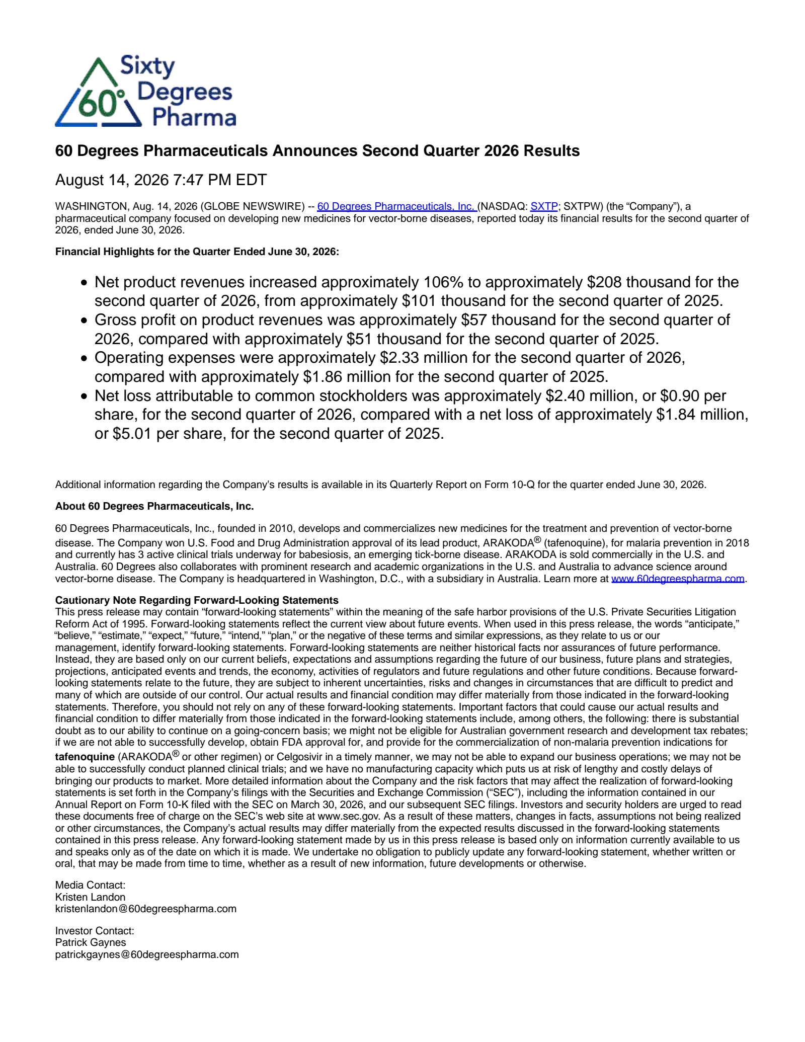 60 Degrees Pharmaceuticals' Q2 2026 Press Release