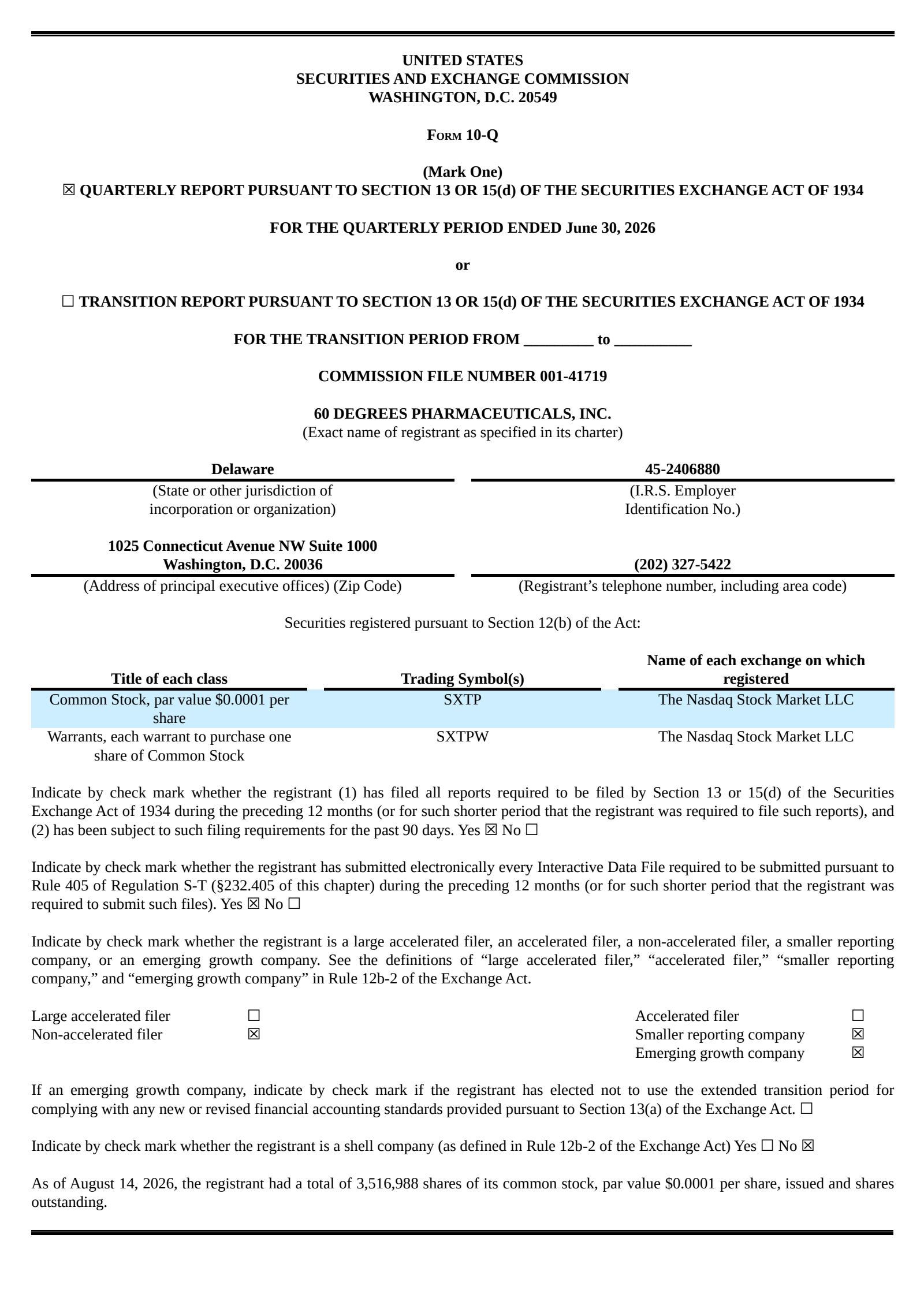 60 Degrees Pharmaceuticals' Q2 2026 Quarterly report