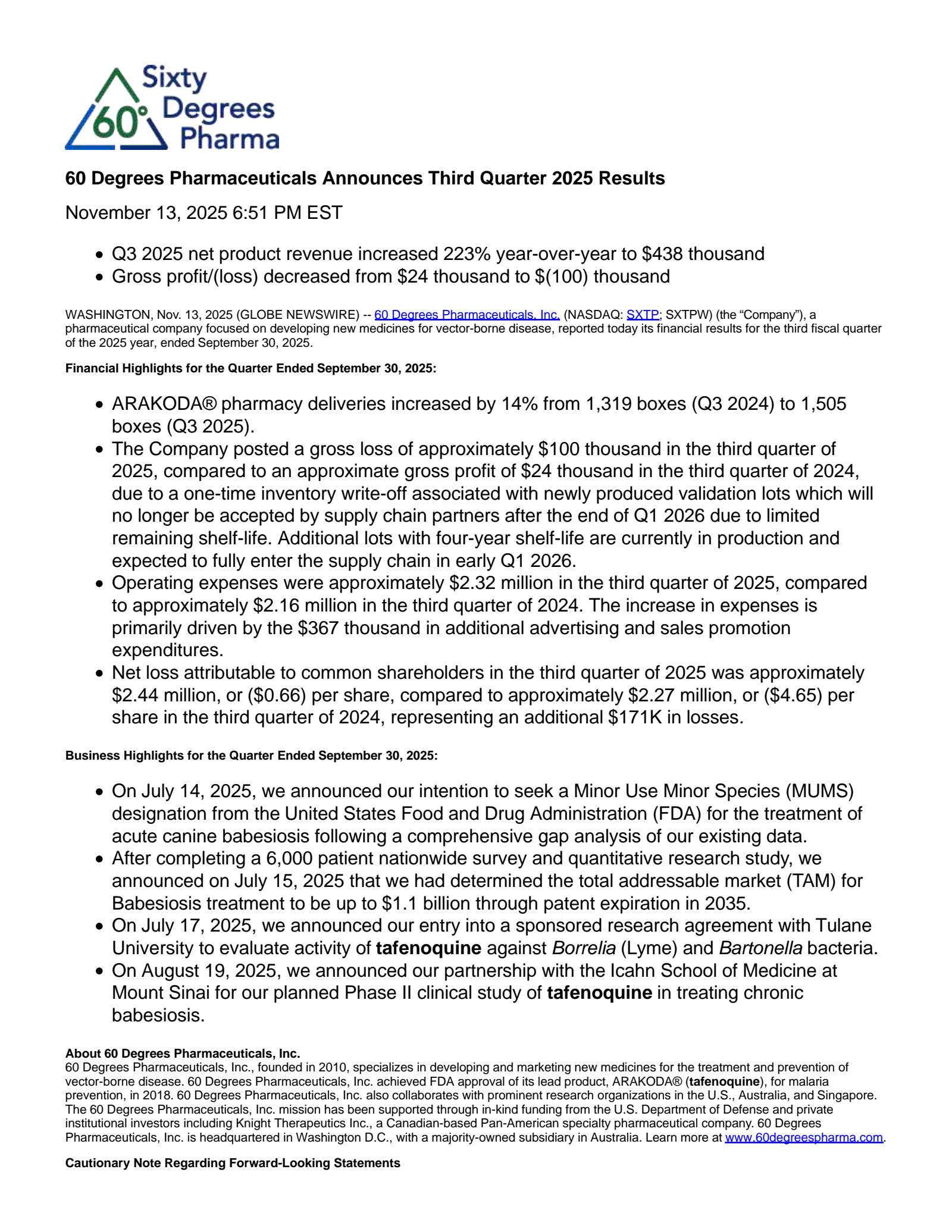 60 Degrees Pharmaceuticals' Q3 2025 Earnings Release