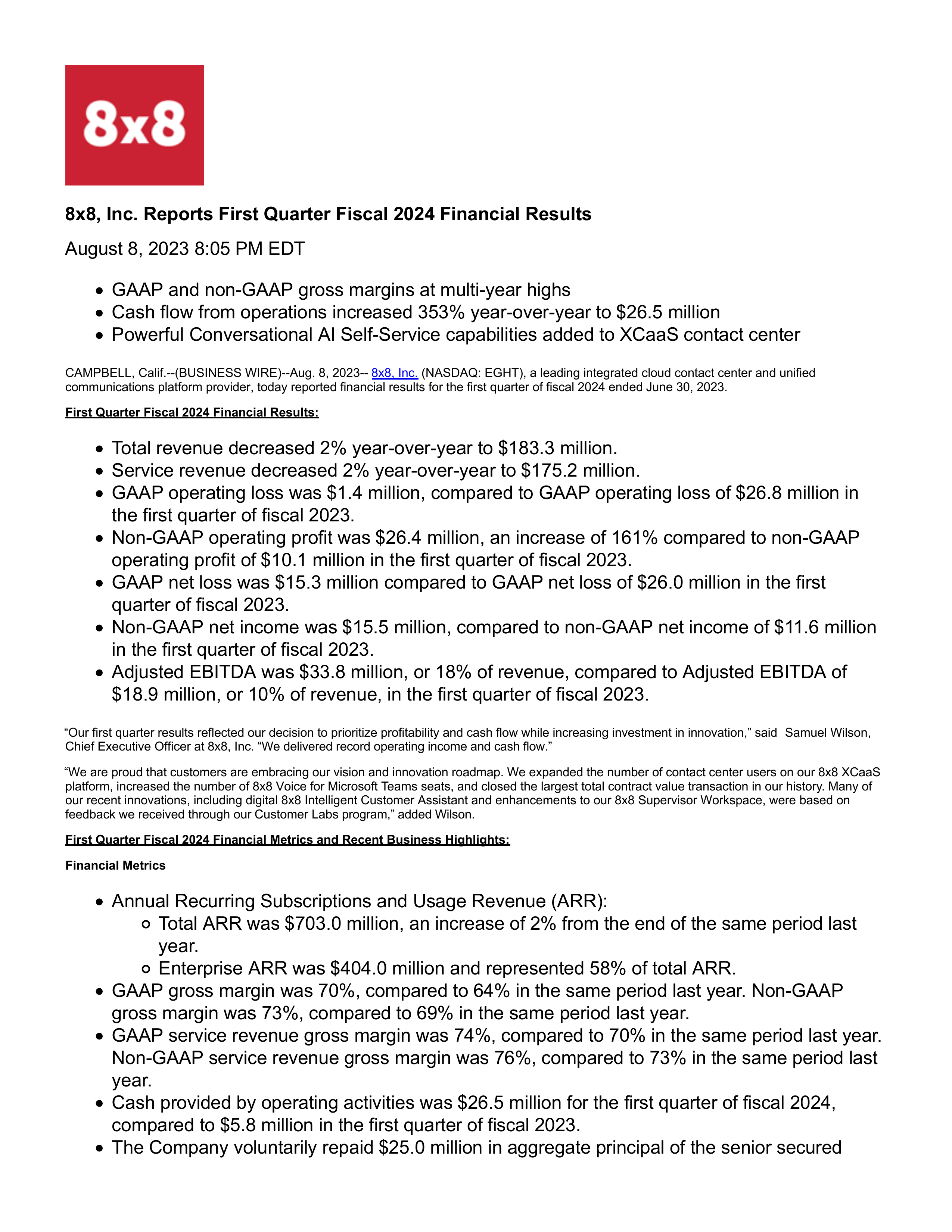 8X8's Q1 2024 Press Release