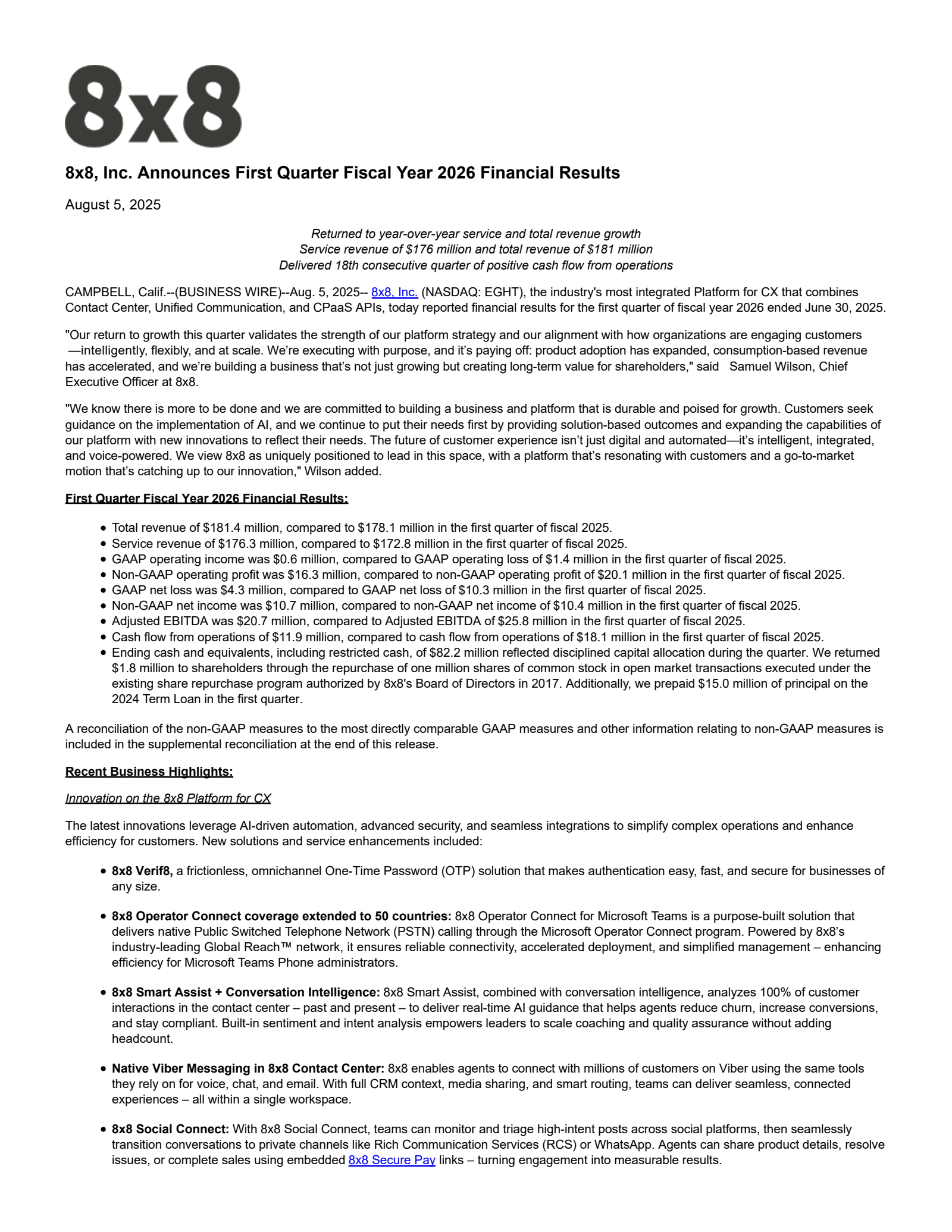 8X8's Q1 2026 Press Release