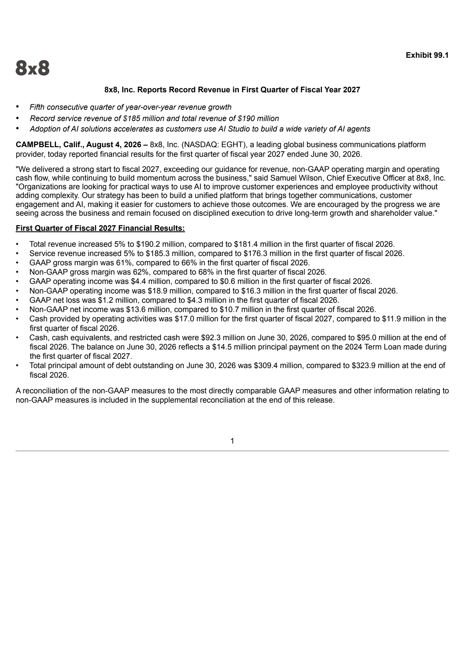 8X8's Q1 2027 Press Release
