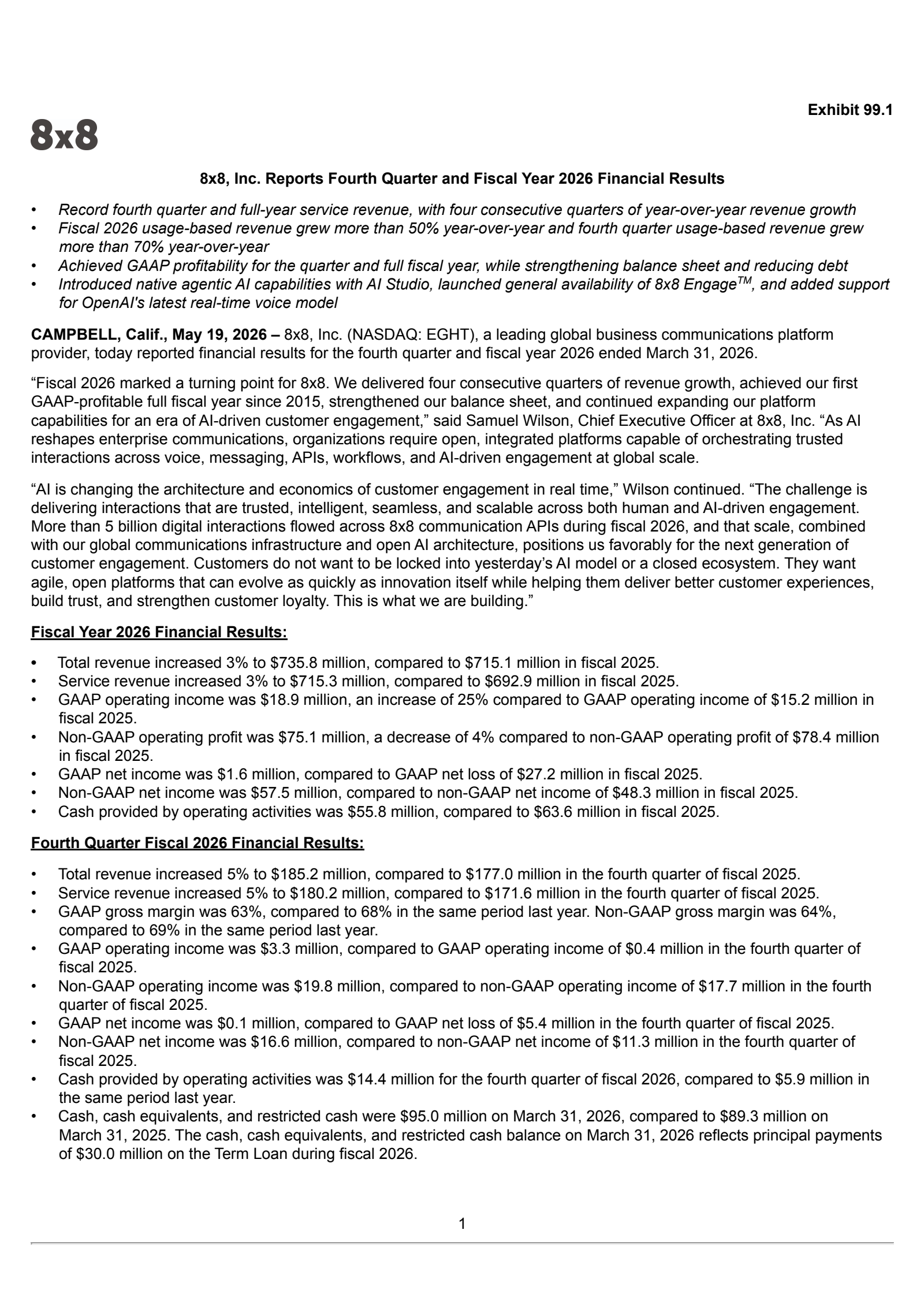8X8's Q4 2026 Press Release