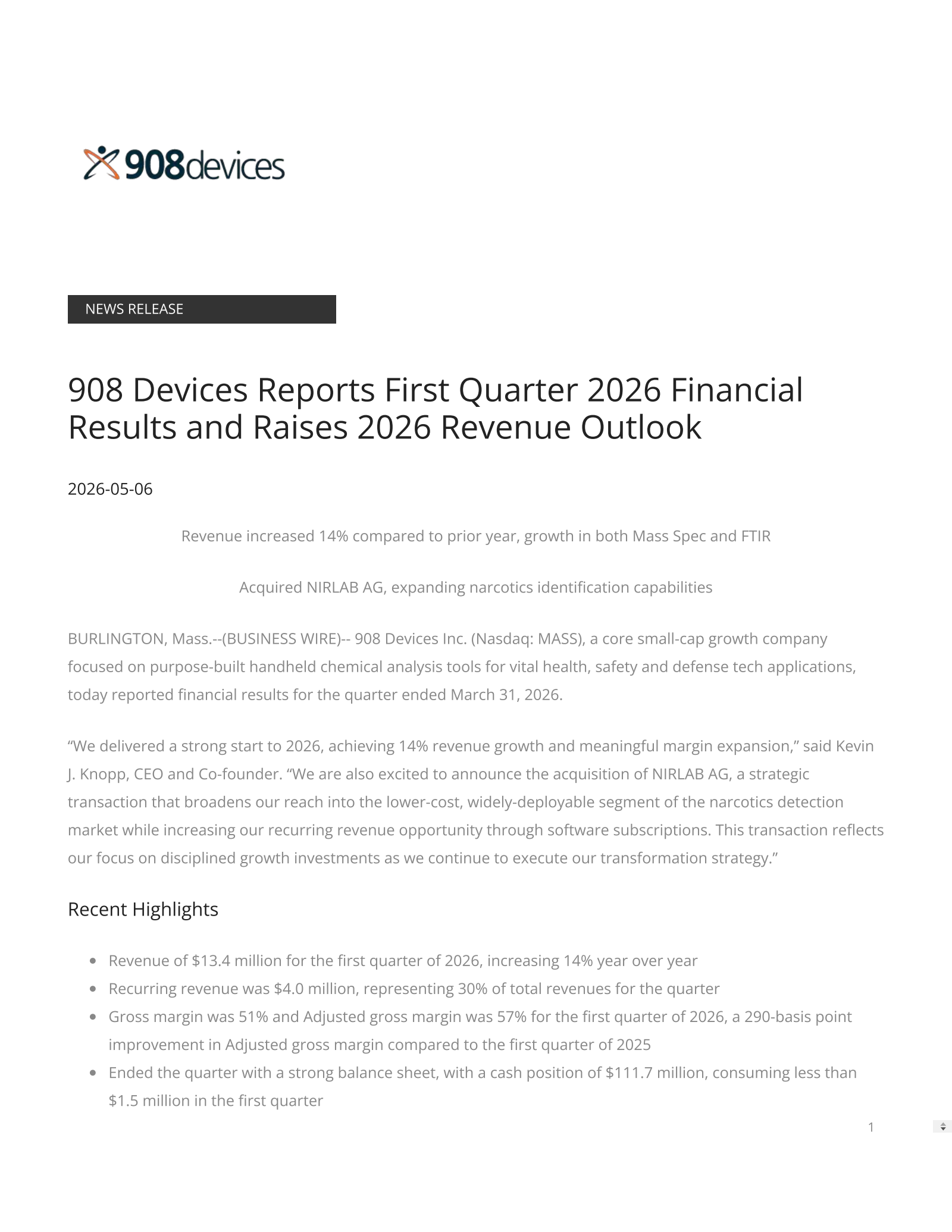908 Devices' Q1 2026 Press Release