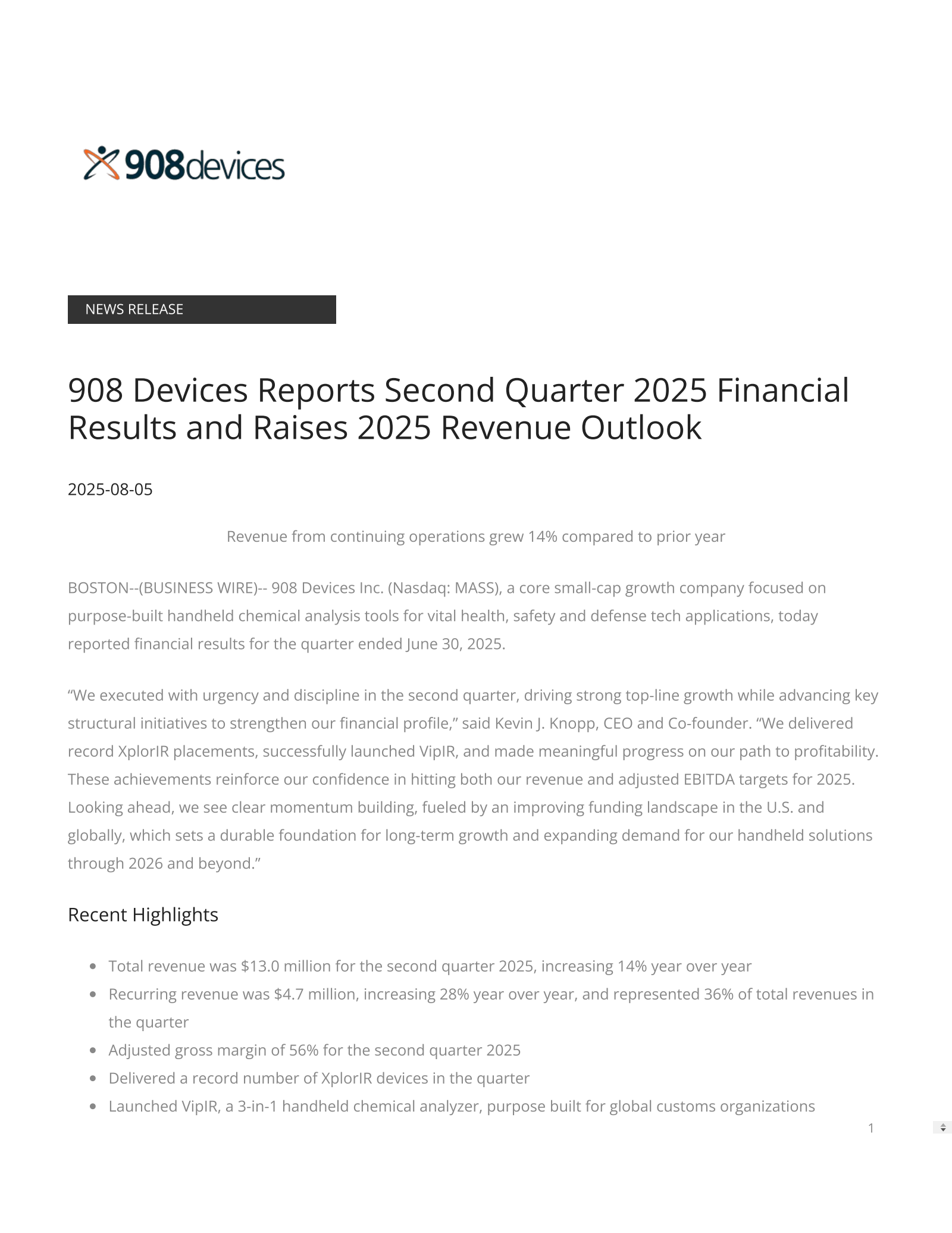 908 Devices' Q2 2025 Press Release