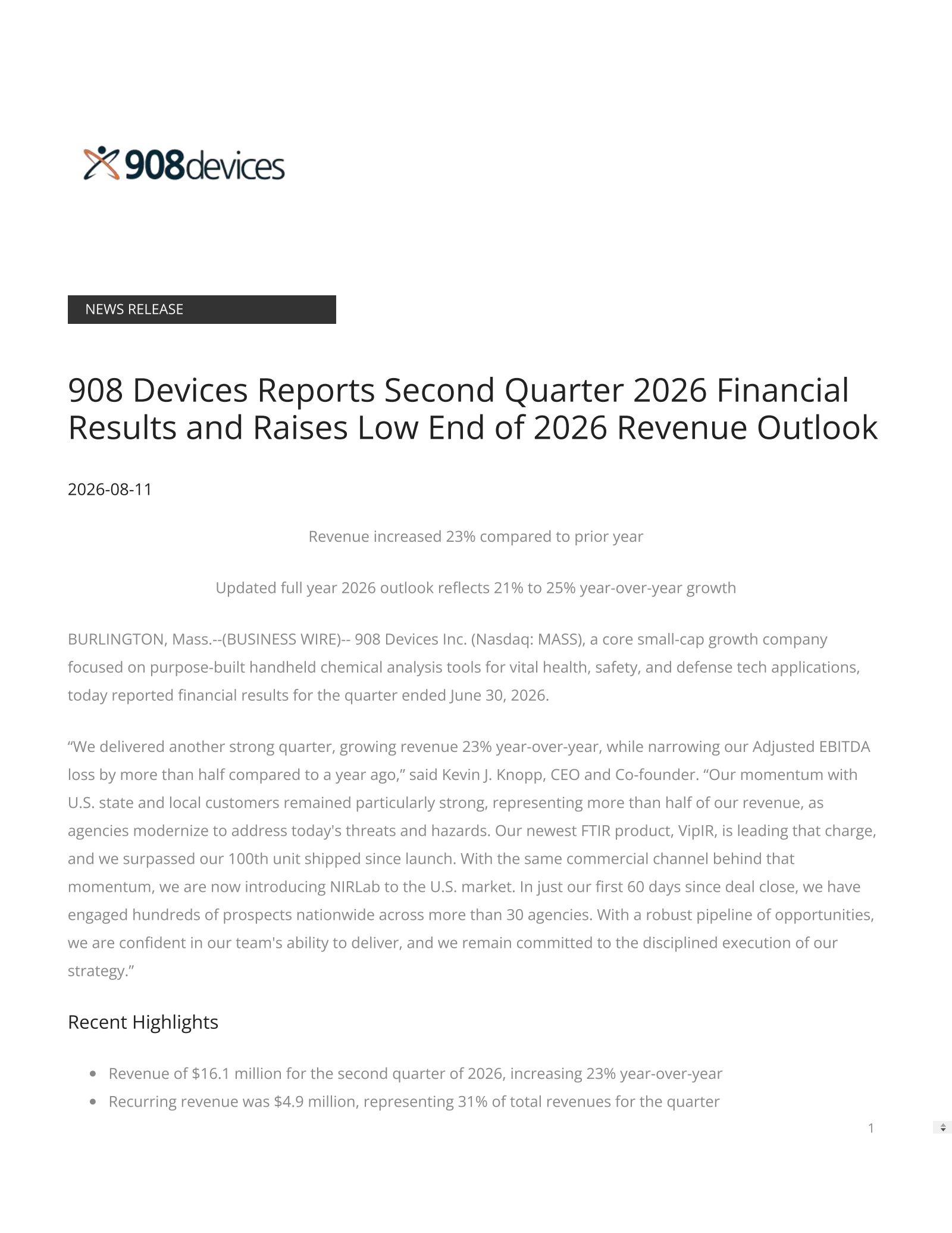 908 Devices' Q2 2026 Press Release