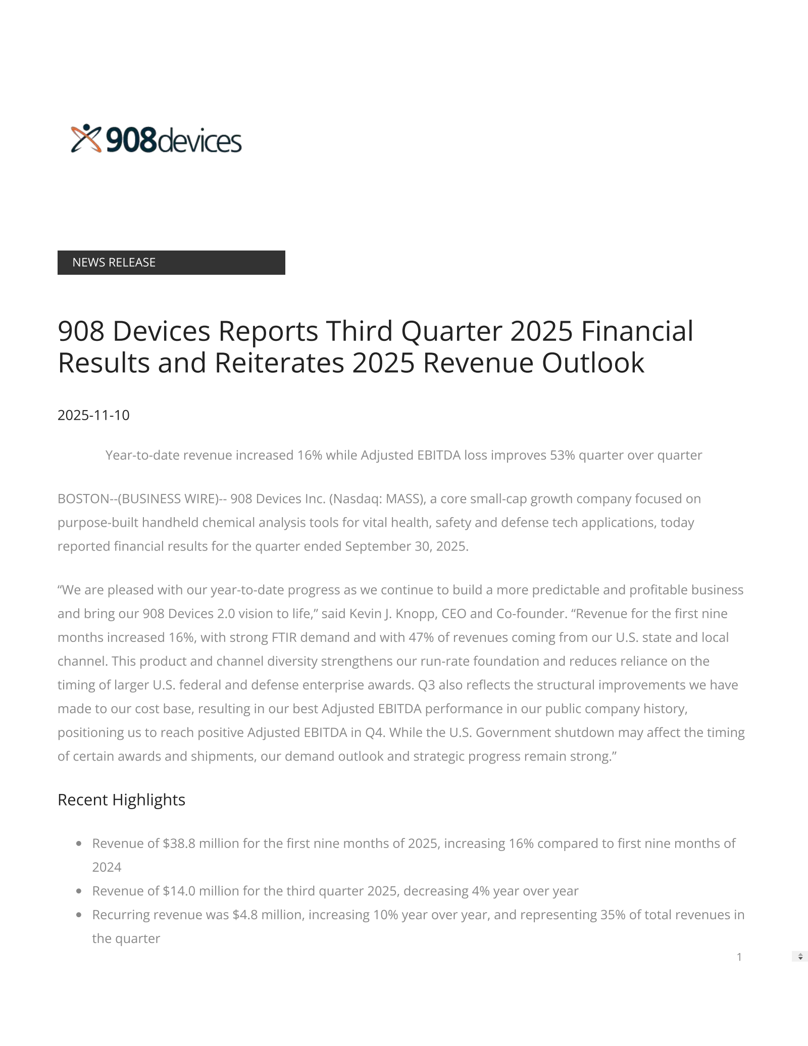 908 Devices' Q3 2025 Earnings Release