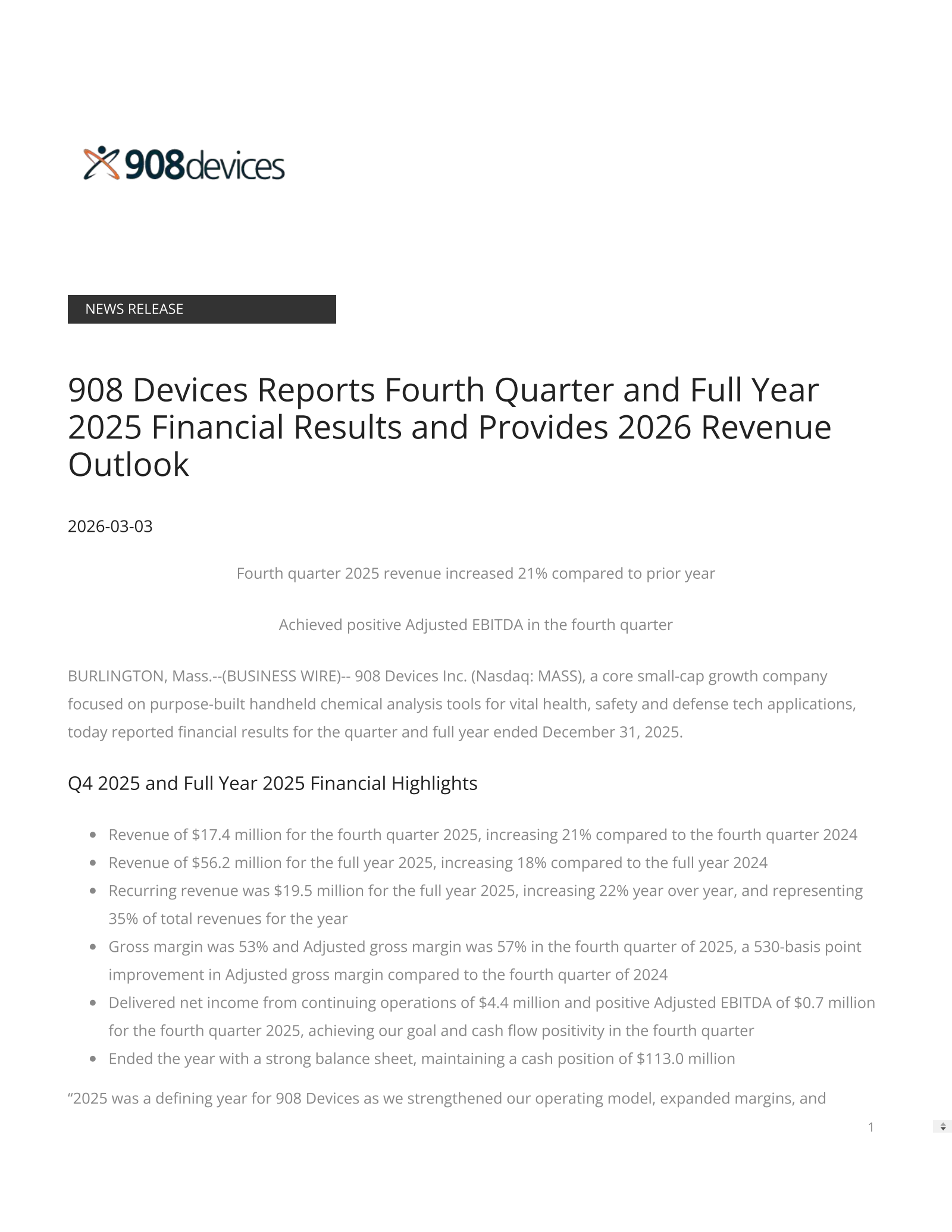 908 Devices' Q4 2025 Press Release