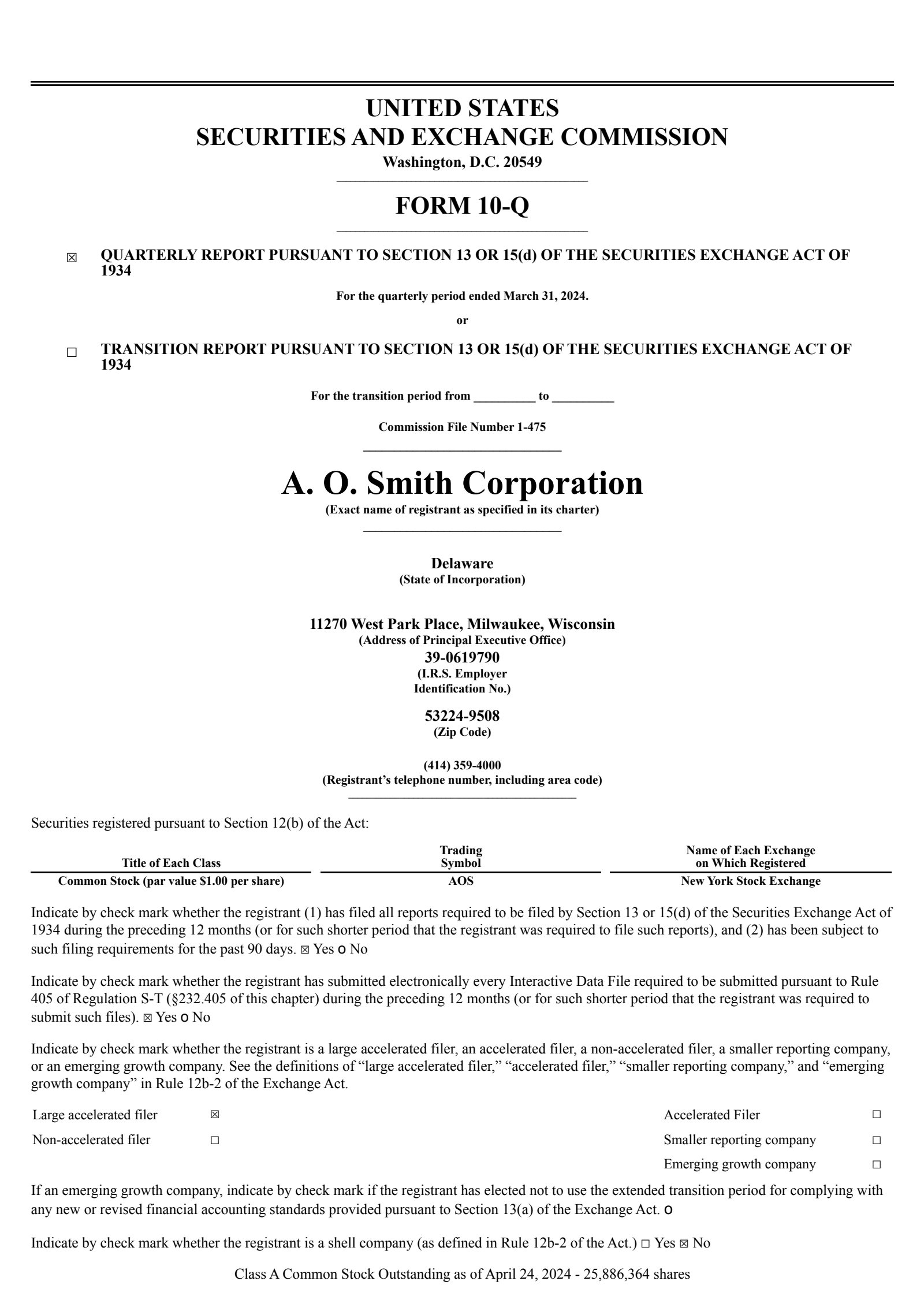 A. O. Smith's Q1 2024 Quarterly report