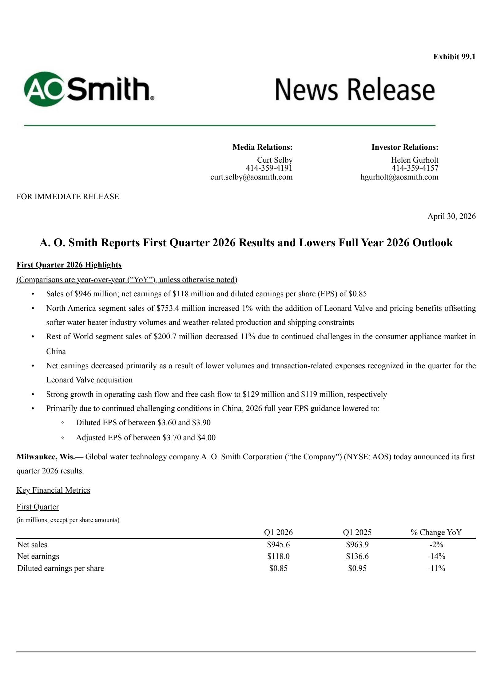 A. O. Smith's Q1 2026 Press Release