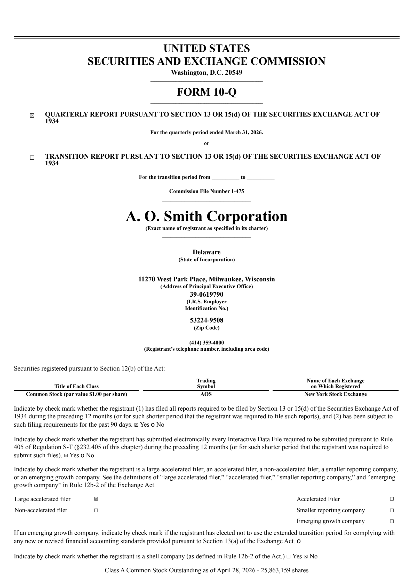 A. O. Smith's Q1 2026 Quarterly report