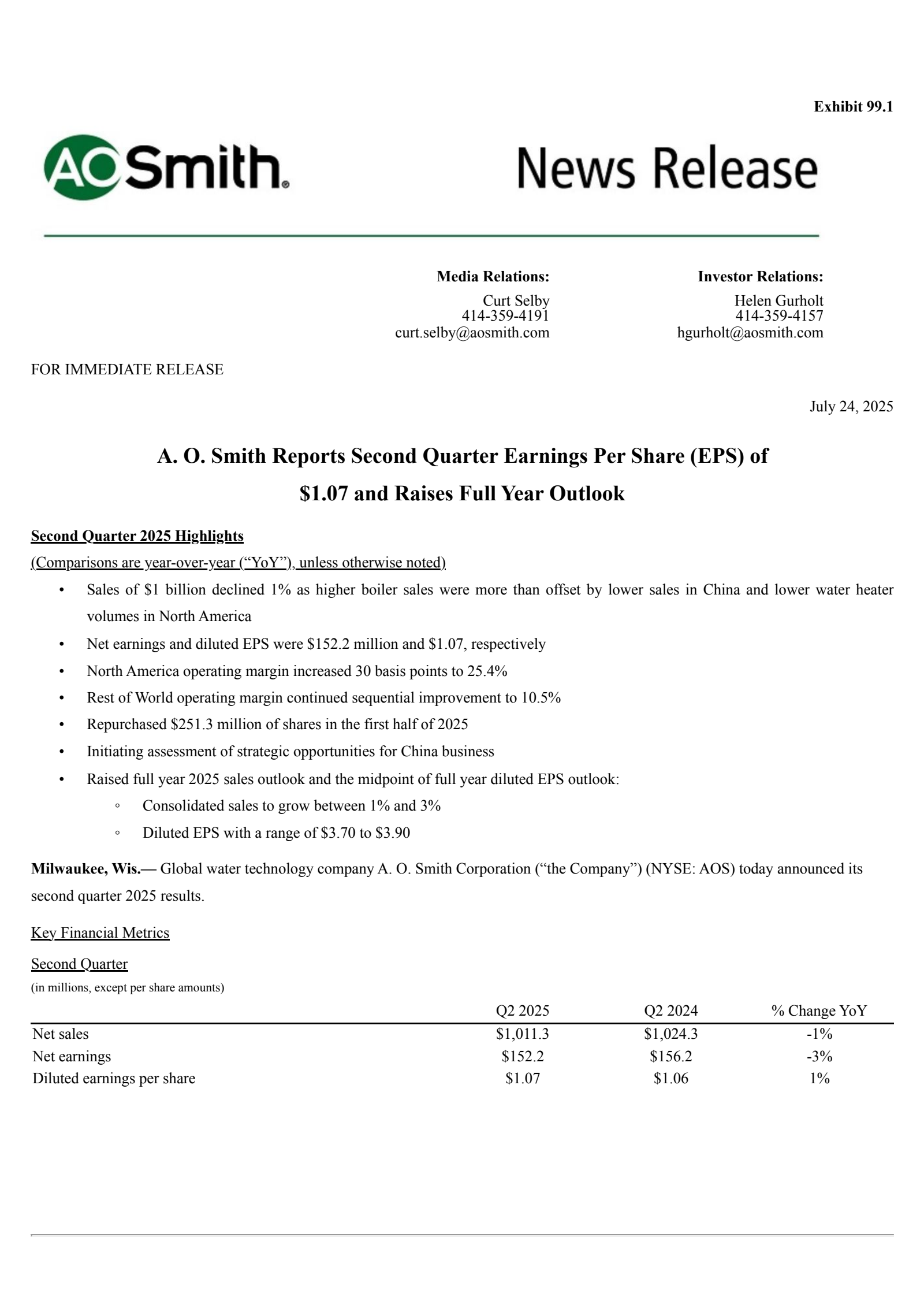 A. O. Smith's Q2 2025 Press Release