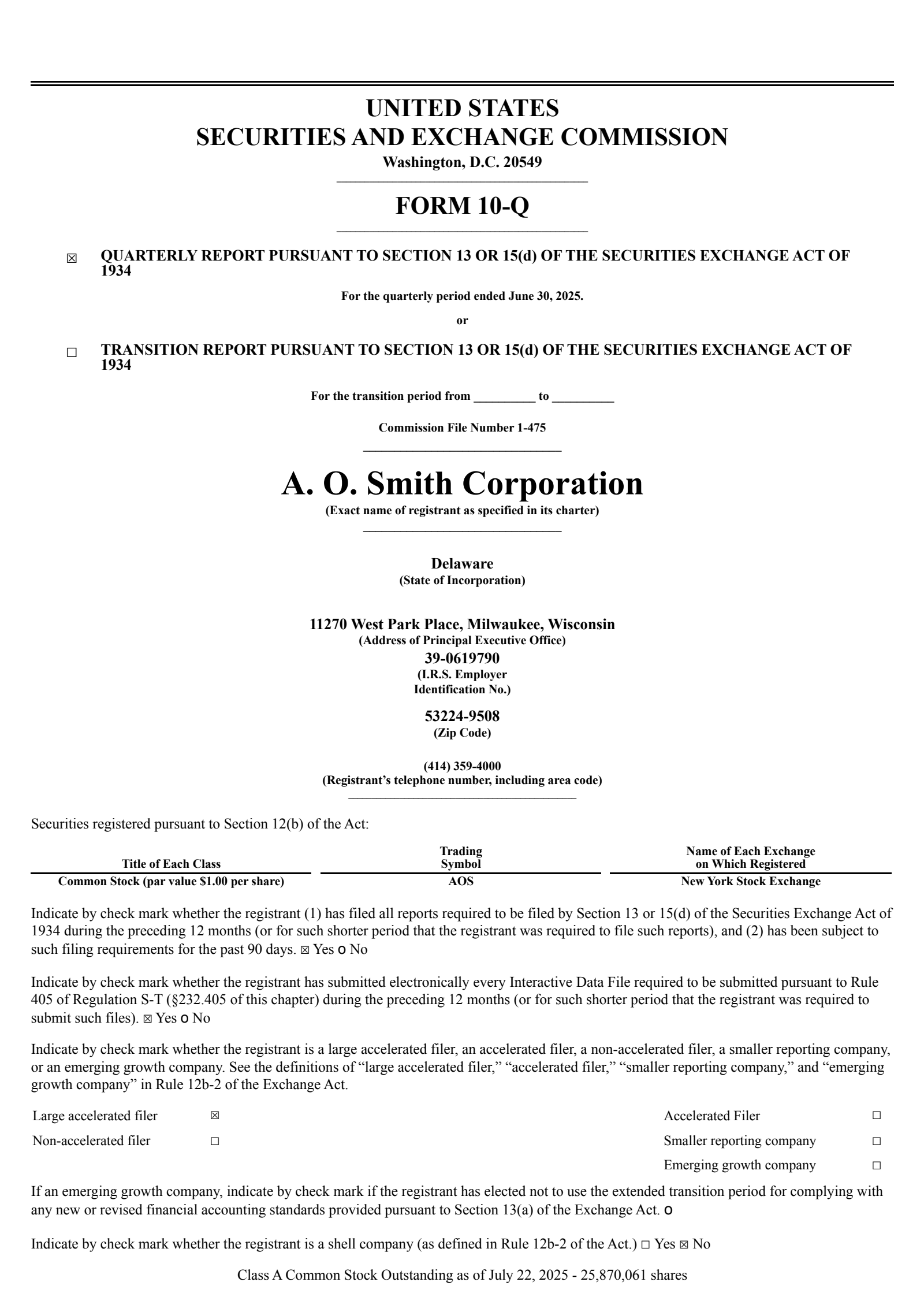 A. O. Smith's Q2 2025 Quarterly report