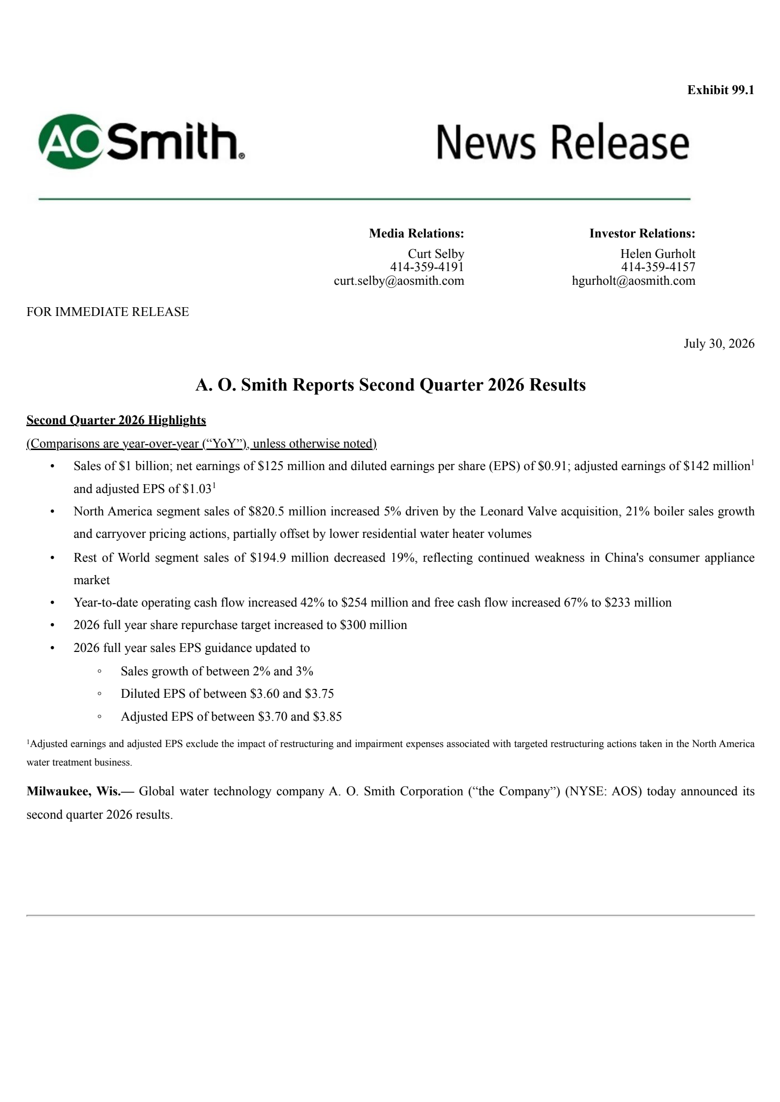 A. O. Smith's Q2 2026 Press Release
