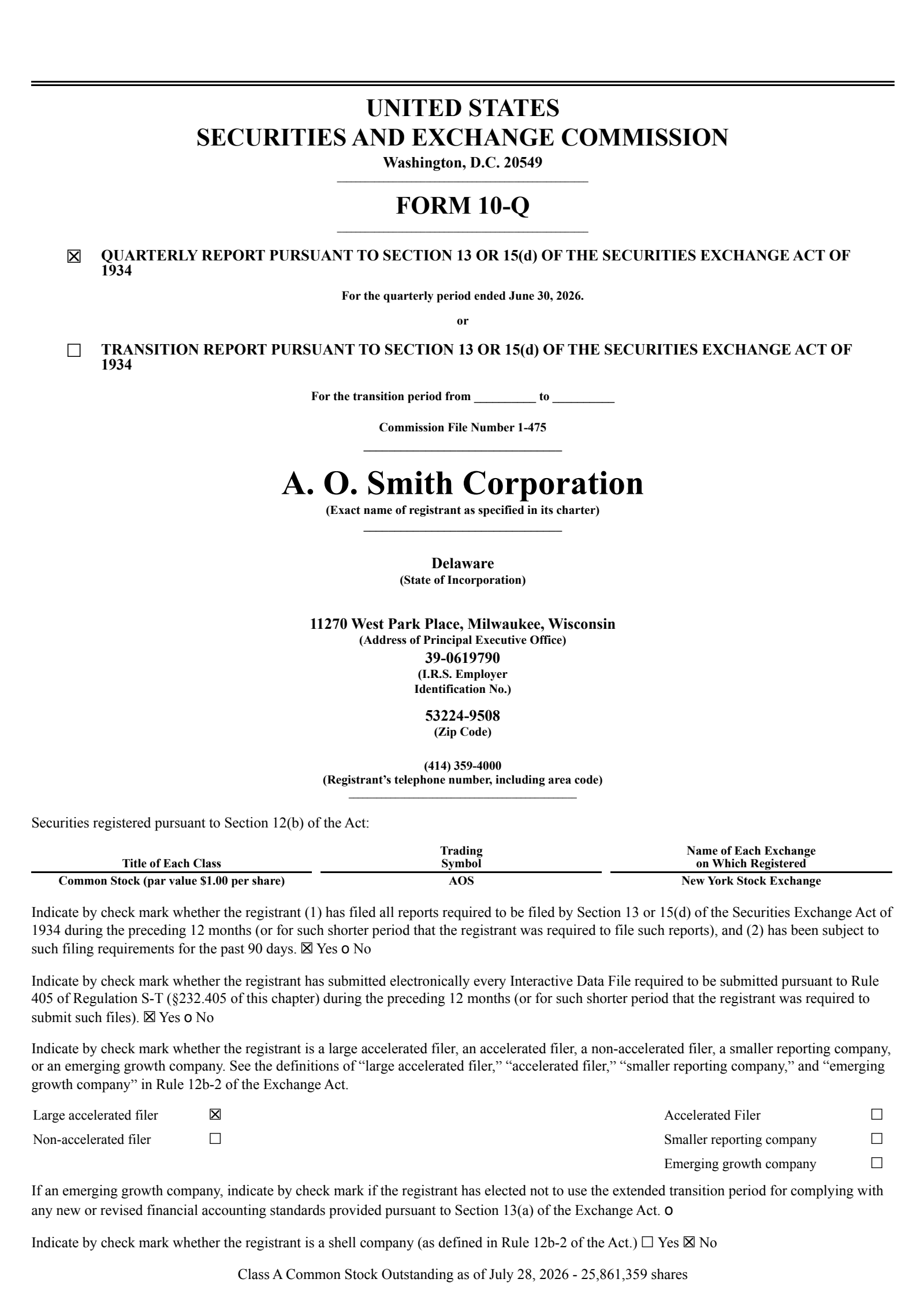 A. O. Smith's Q2 2026 Quarterly report