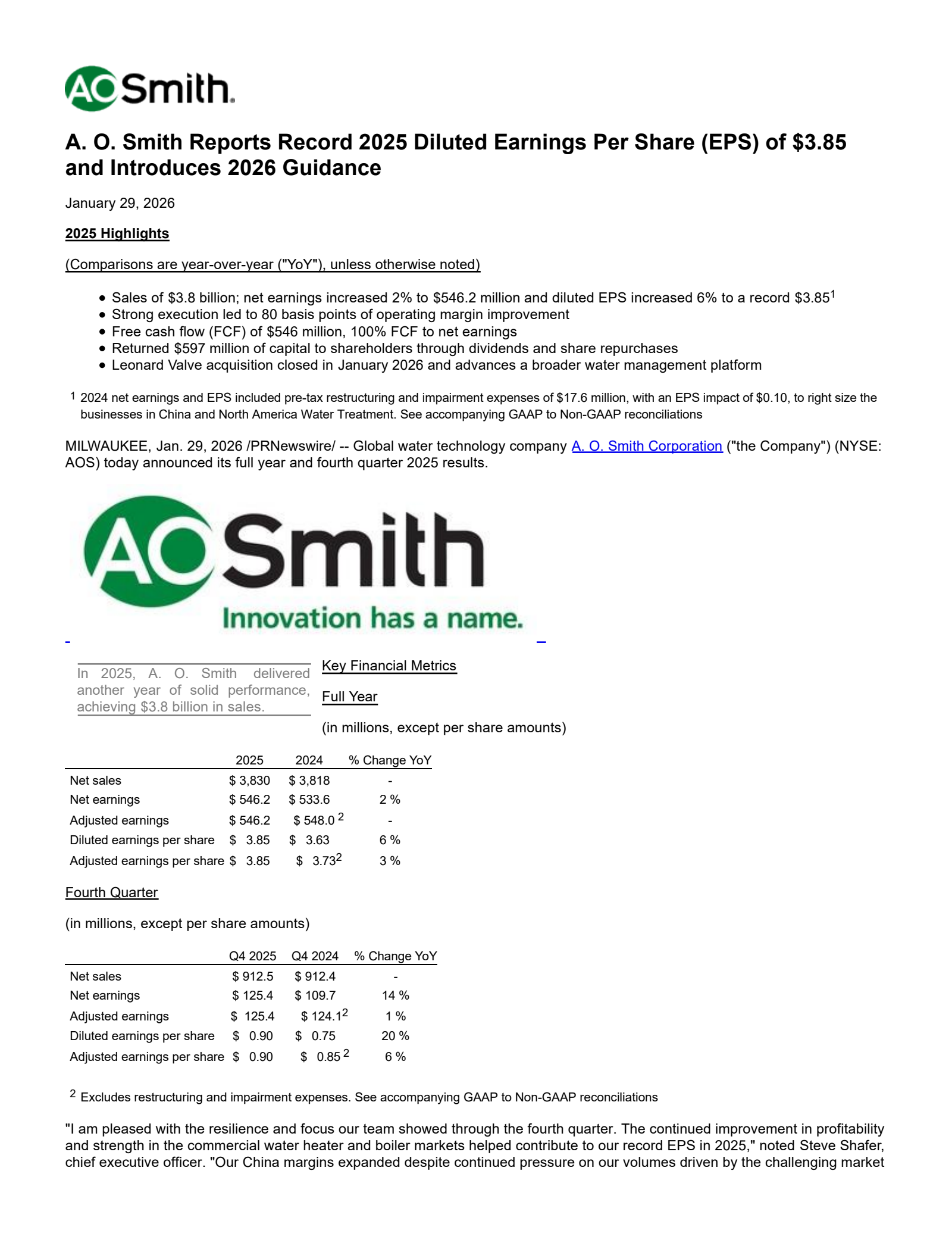 A. O. Smith's Q4 2025 Press Release