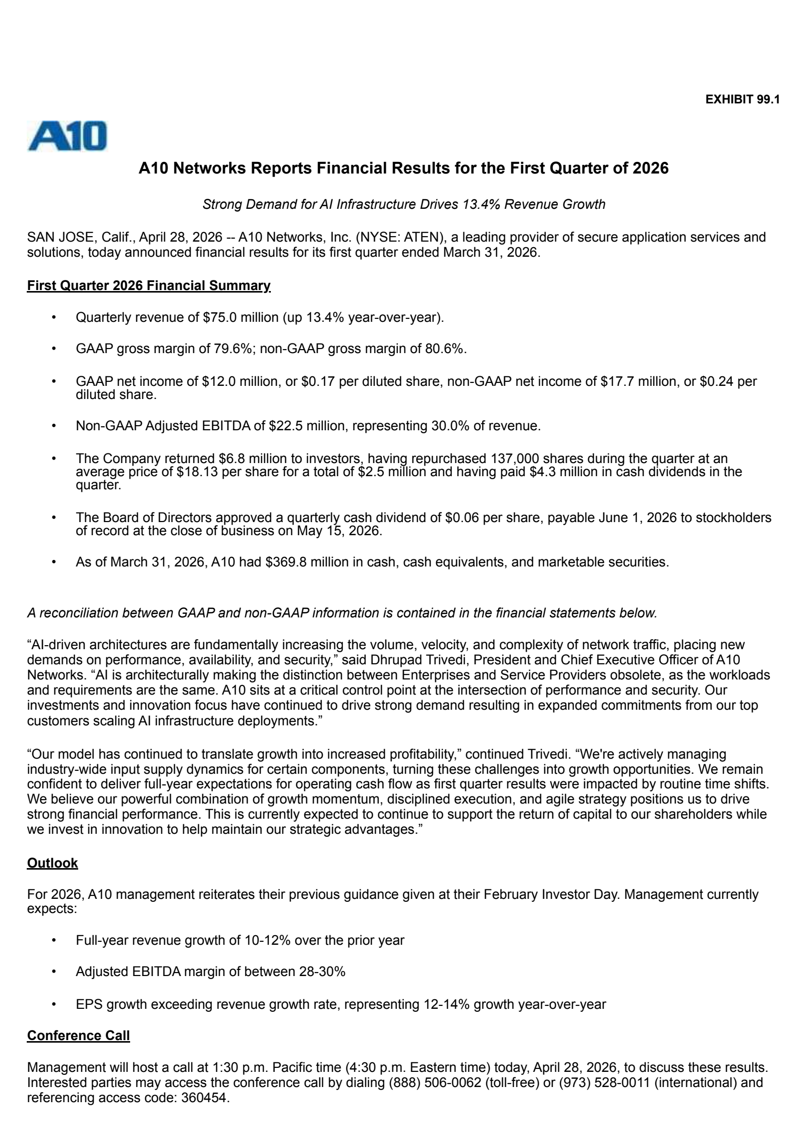 A10 Networks' Q1 2026 Press Release
